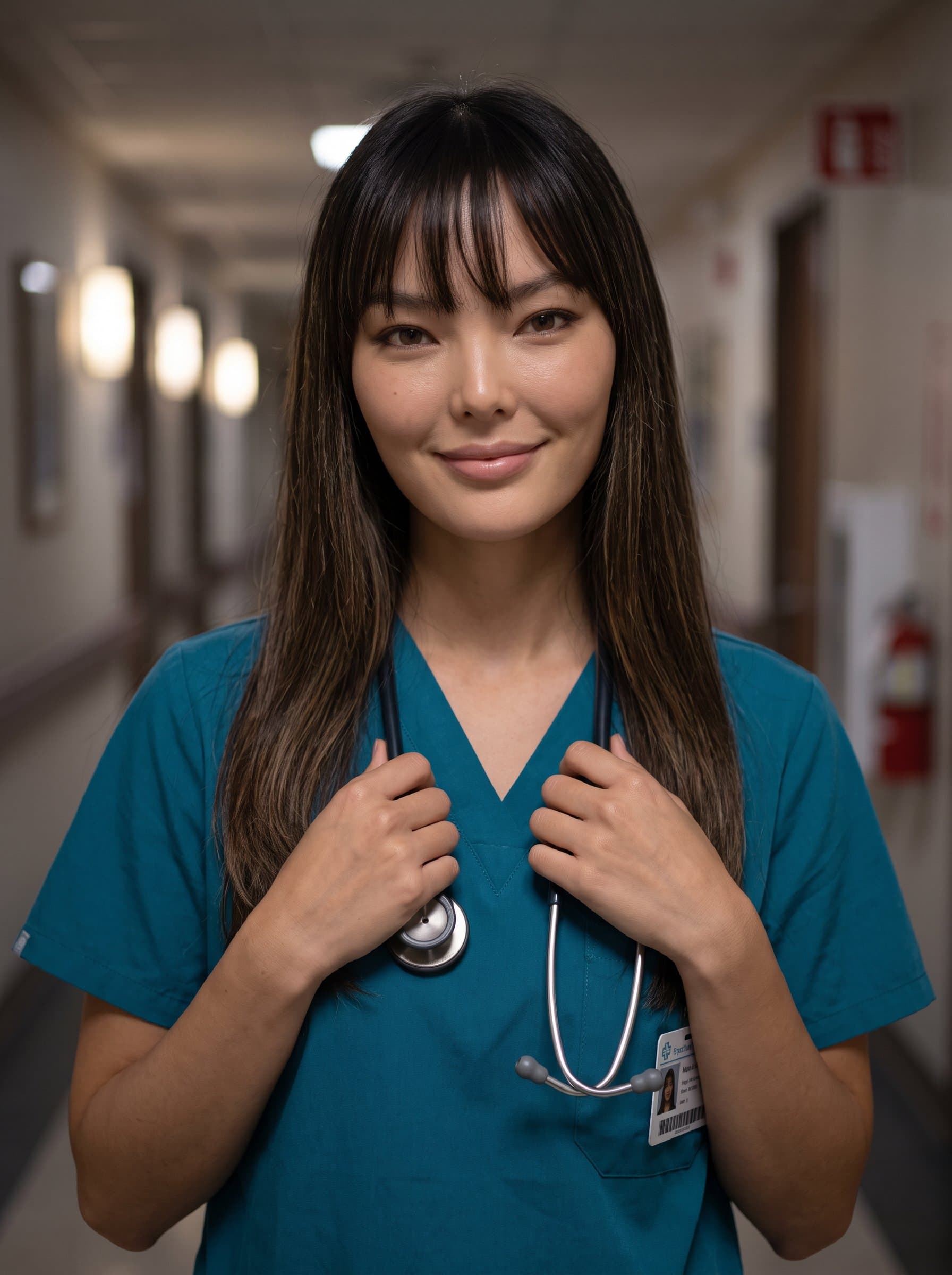 : Headshot of a healthcare worker in teal scrubs, smiling softly, with a stethoscope in hand. The dimmed background of a hospital corridor adds depth to the setting.