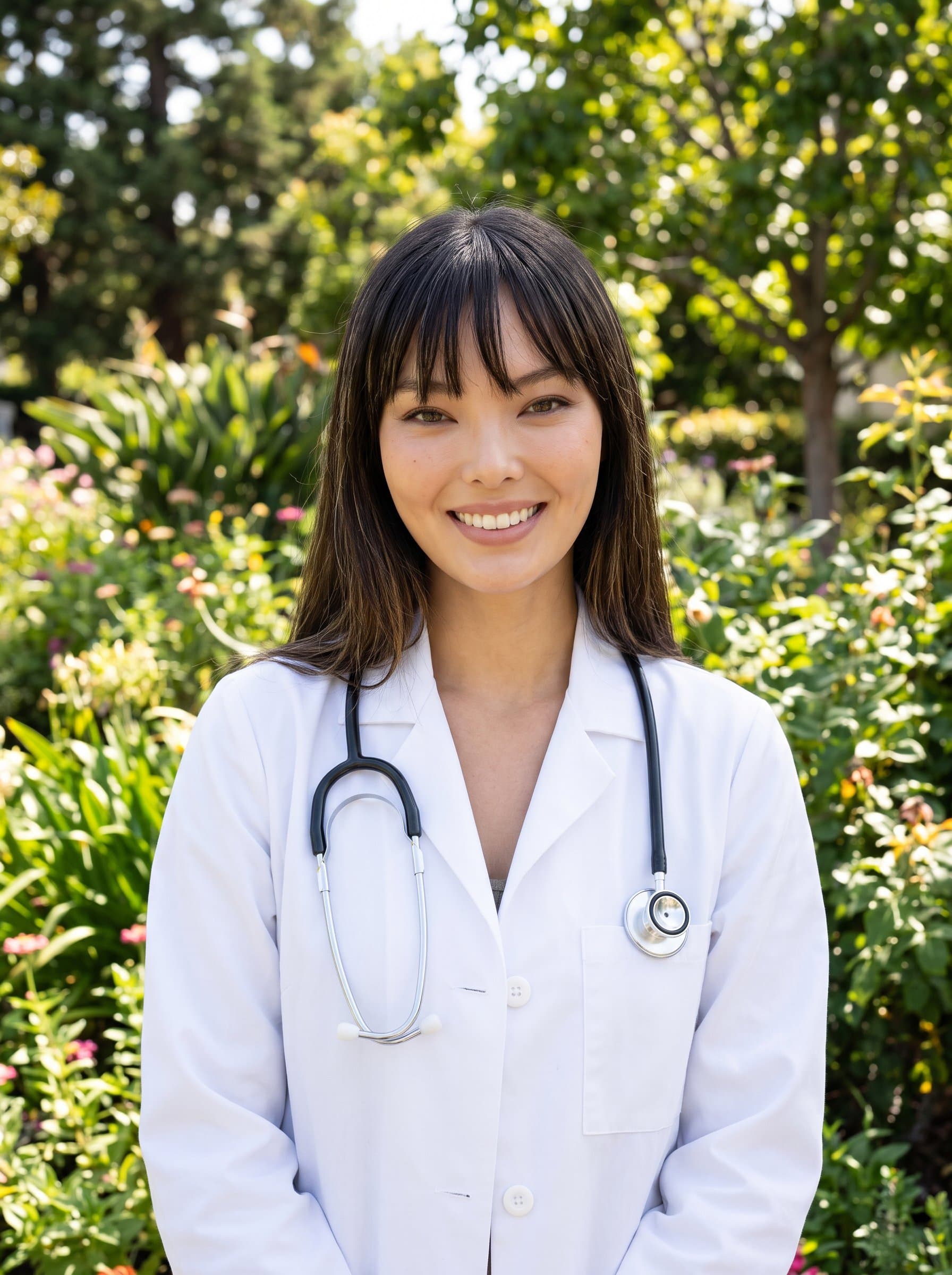: Headshot of a specialist in a hospital garden, wearing a lab coat over casual attire. The gentle backdrop of greenery adds a calming touch to their approachable demeanor.