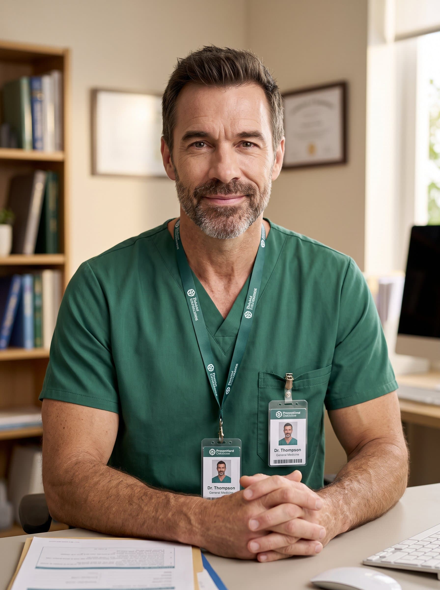 : Visualize a doctor with a gentle smile, in green scrubs, against a softly lit consultation room backdrop. The setting suggests professional focus and patient care.