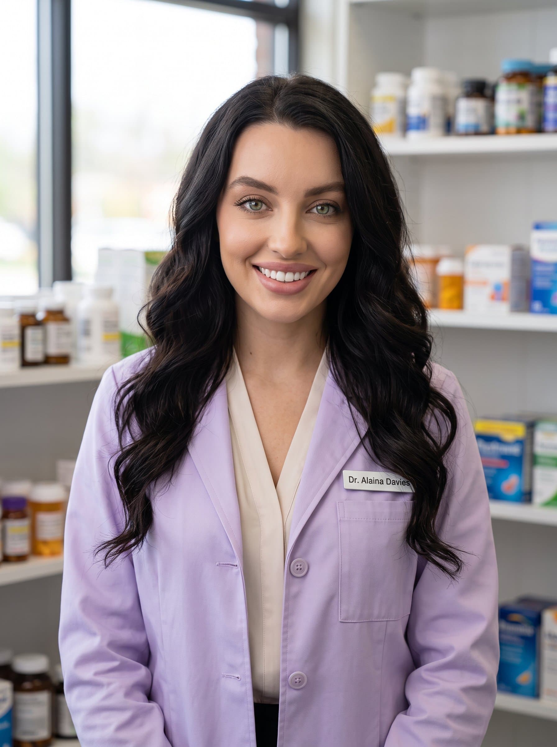 : Capture a healthcare provider in a lavender lab coat, smiling confidently amidst a lightly blurred medication shelf. Their friendly demeanor projects reliability and care.