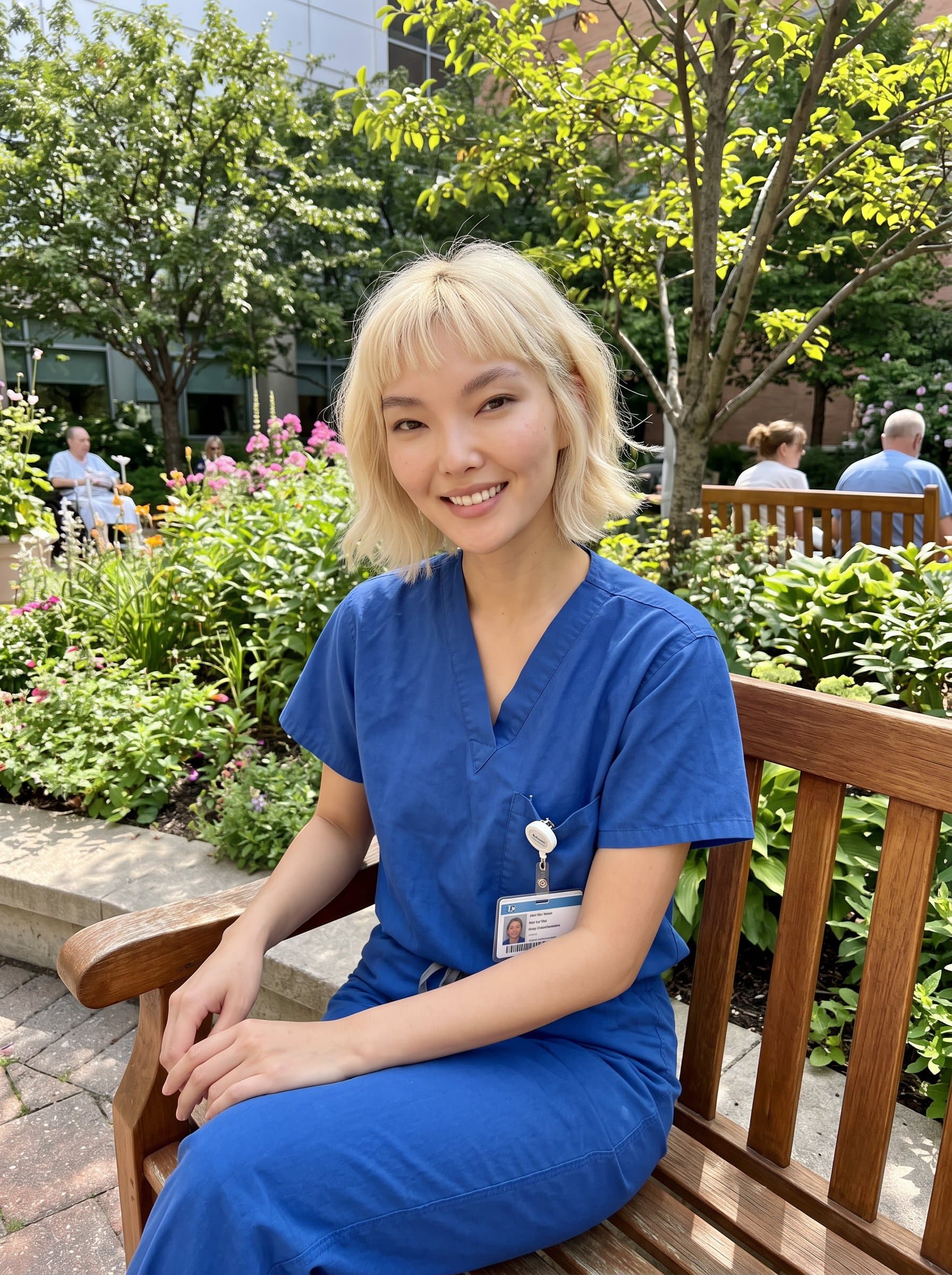 : Portray a healthcare professional with an inviting smile, wearing blue scrubs, sitting on a bench in a hospital garden. The natural setting adds warmth to their expertise.