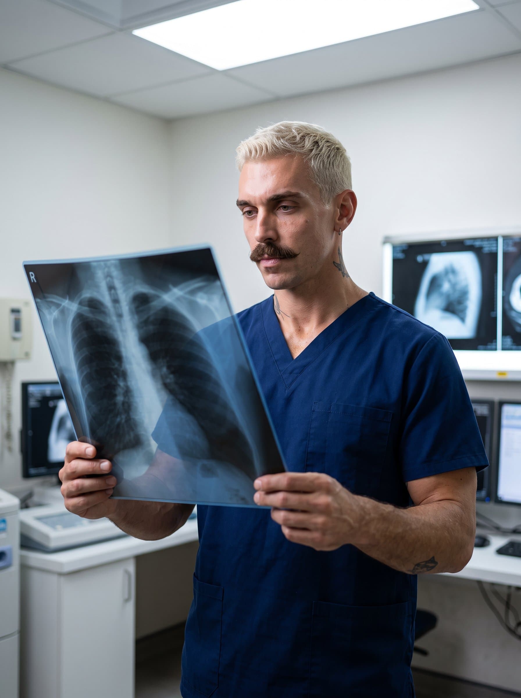 : Visualize a radiologist holding an x-ray, wearing neat scrubs, against the backdrop of a softly-lit radiology room. The focused gaze signifies knowledge and trustworthiness.