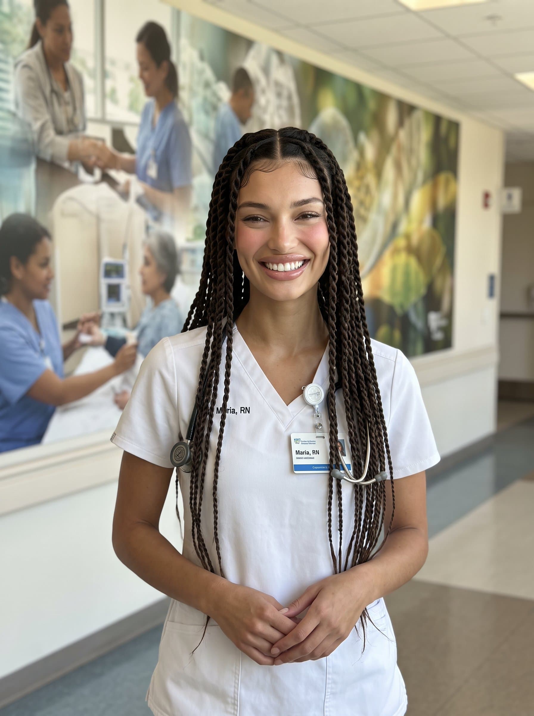 : Capture a healthcare professional with a bright smile, in white scrubs, standing against a lightly blurred hospital mural. Their stance is inviting and conveys deep compassion.