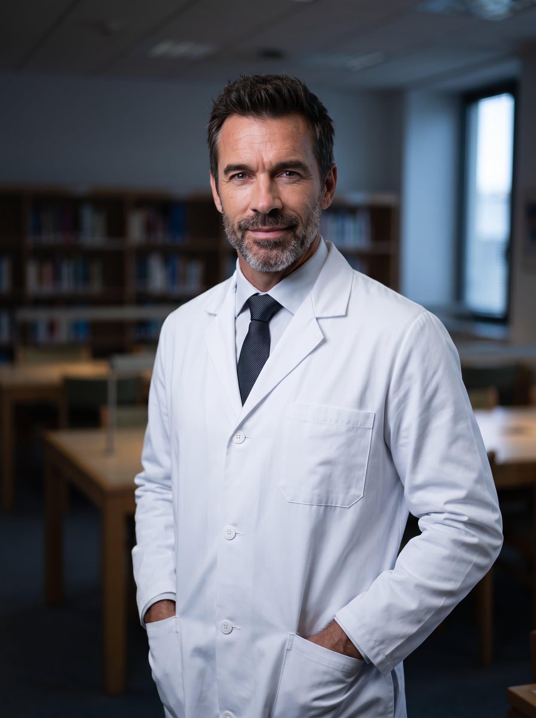 : Image of a specialist in a pristine lab coat, standing thoughtfully in a softly blurred hospital library. Their gaze is inviting, suggesting knowledge and approachability.