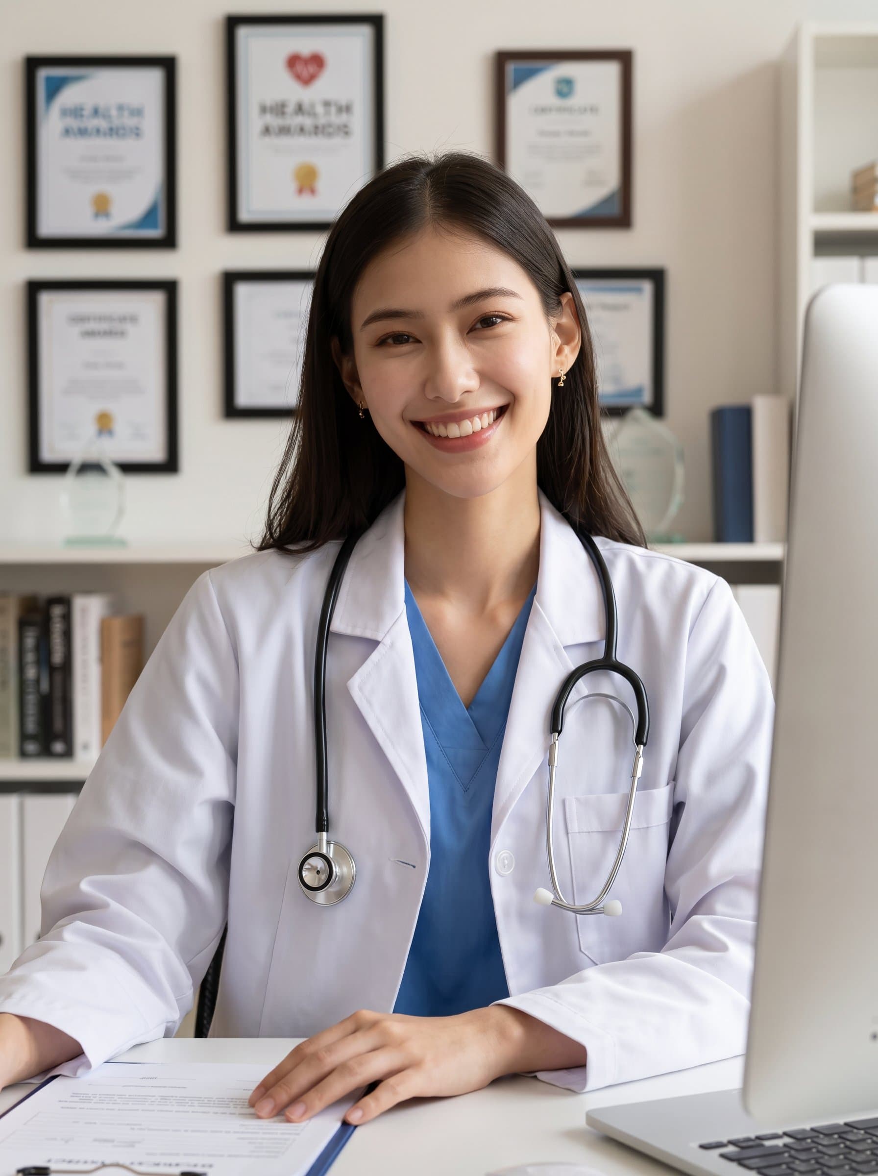 : Depict a medical professional with a stethoscope, smiling warmly in a hospital office. The slight blur of health-related awards on the wall behind suggests achievement and dedication.