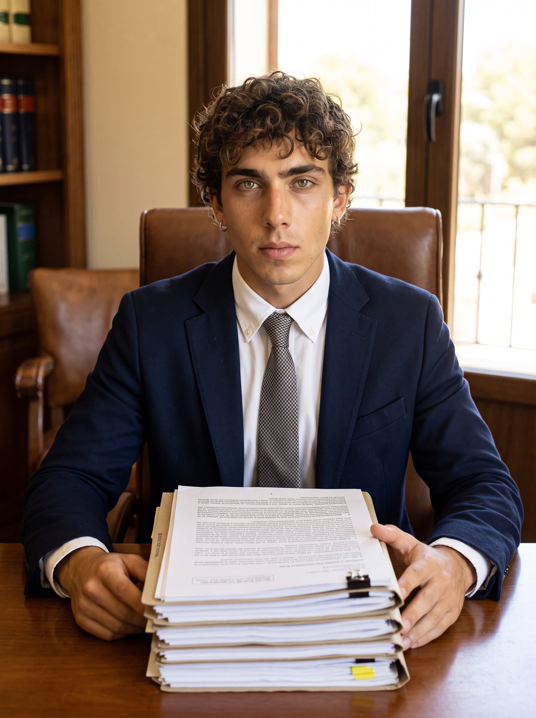featuring a legal professional in a classic white shirt and dark blazer, seated at a desk with a stack of legal documents, exuding authority and expertise, under warm natural light.