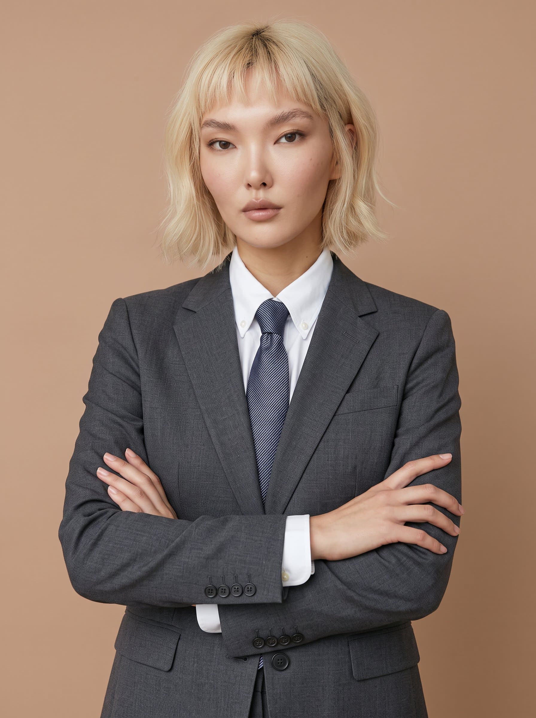 depicting a legal professional with a sleek tie and buttoned suit, standing tall with arms crossed, exuding confidence and reliability, with a minimalistic light brown background.