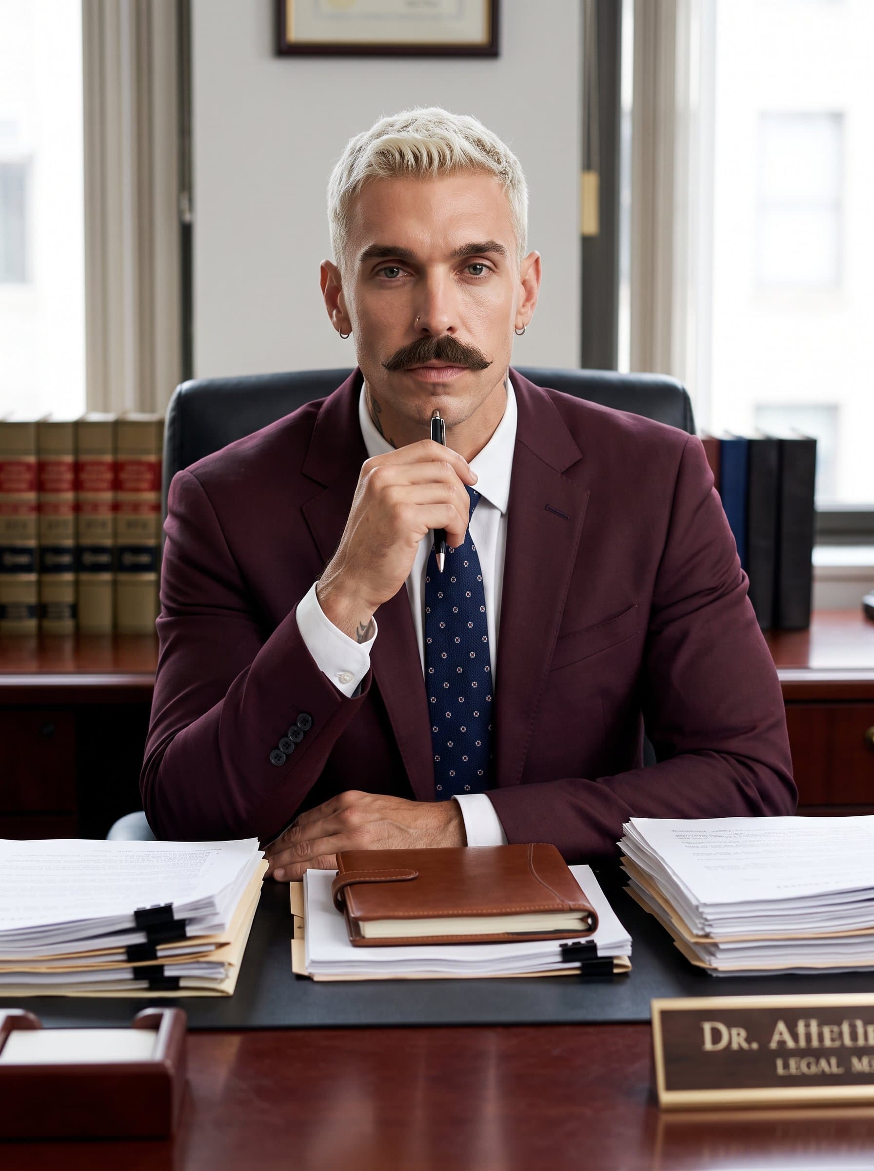 showing a legal professional in a burgundy suit, holding a pen thoughtfully to their chin, sitting upright with a neatly organized desk, projecting wisdom and integrity.