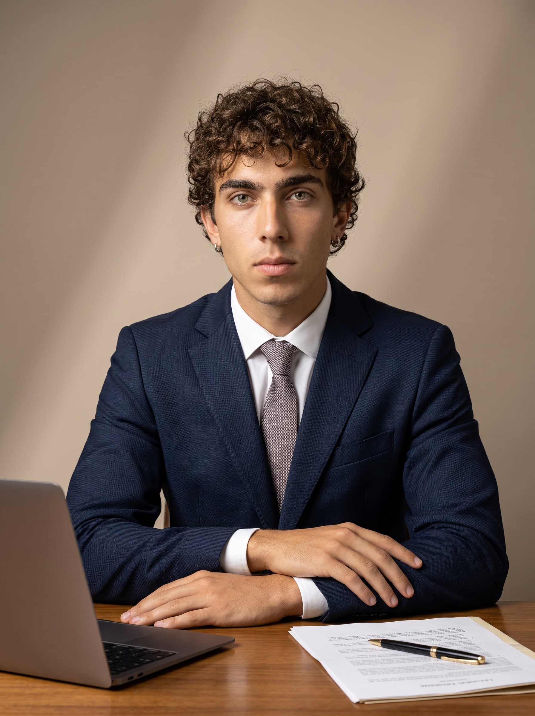 A of a legal professional with an open laptop, hands crossed on the table, eyes forward, and a calm, focused expression, set against a neutral beige background with soft shadows.