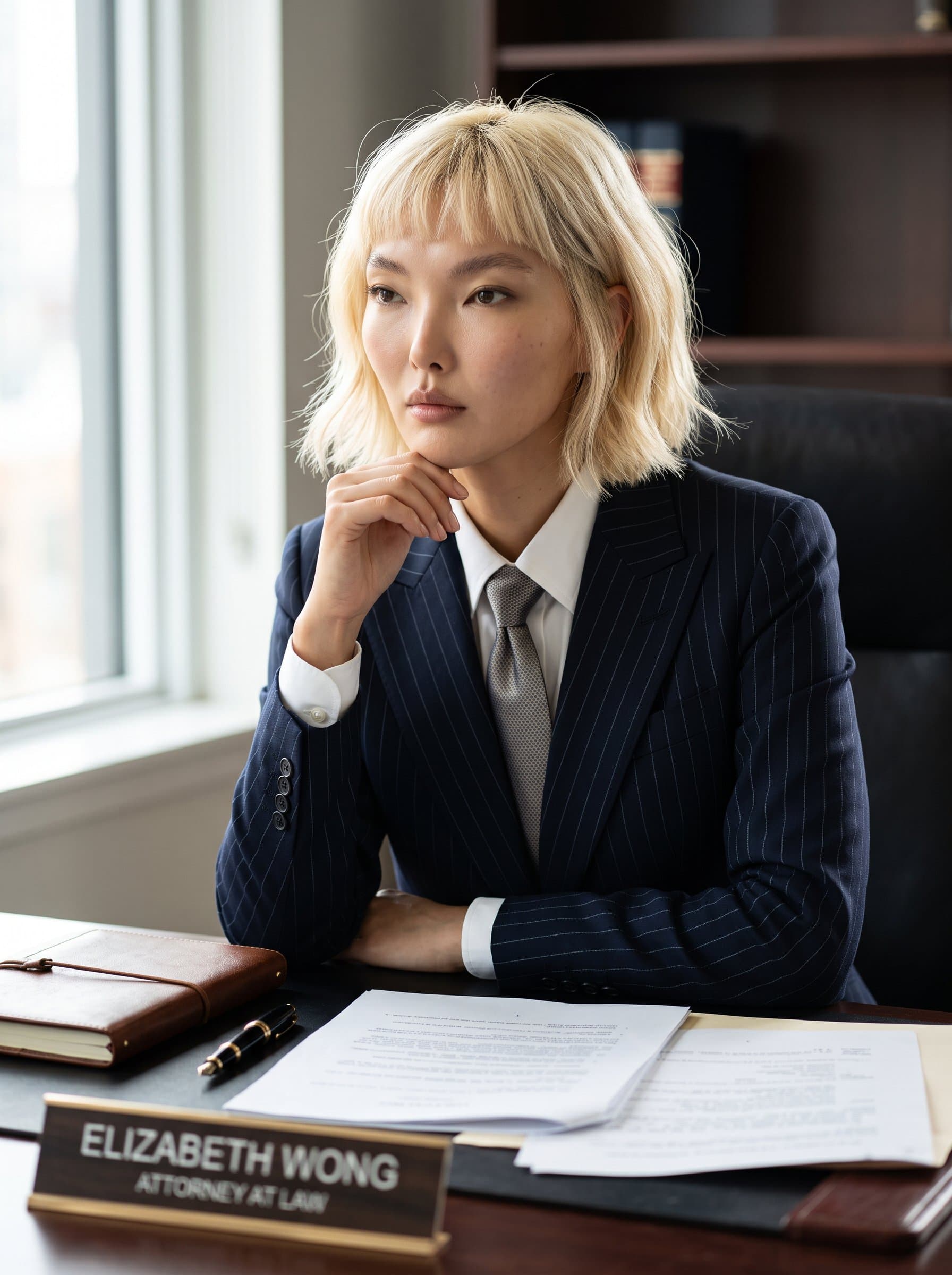 A of a legal professional with natural curls, dressed in a sophisticated pinstripe suit, sitting at a wooden desk, appearing thoughtful and composed, with soft natural lighting from the side.