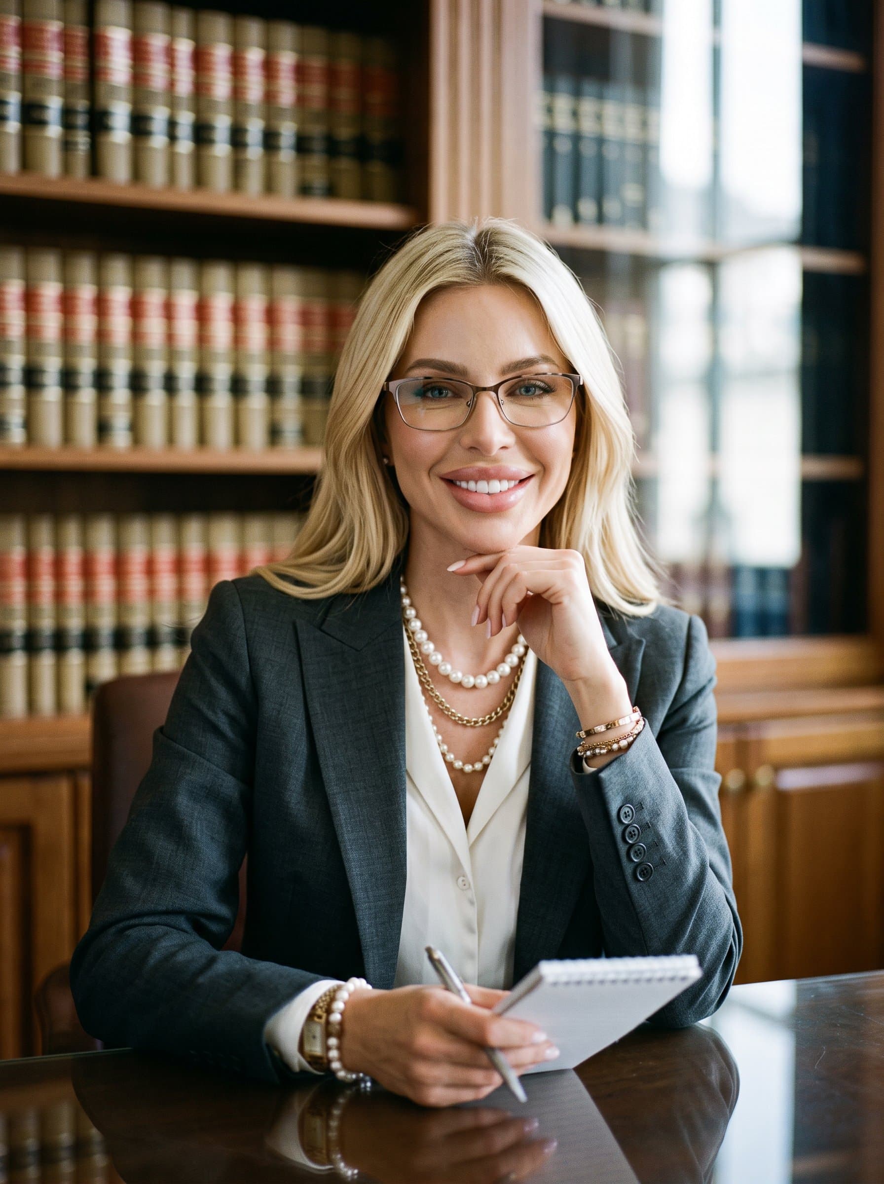 Capture a of a legal professional with glasses, wearing an elegant charcoal-grey suit, in front of a blurred law library backdrop, showcasing their analytical and approachable nature.