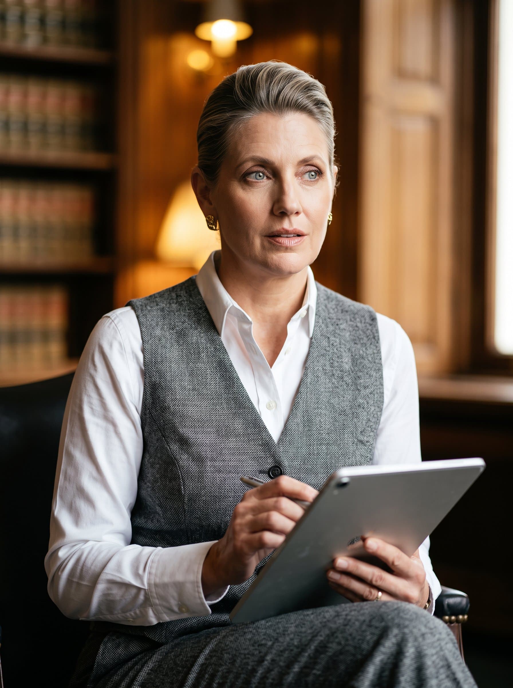 of a legal professional with a digital tablet, wearing a well-fitted grey waistcoat and shirt, sitting with an air of curiosity and attentiveness, against a softly lit background.