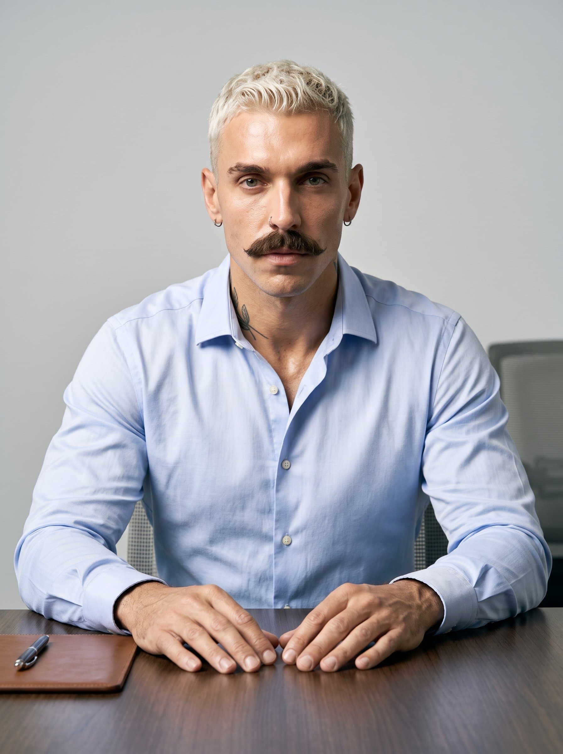 A of a legal professional with a formal blue dress shirt, hands resting on a conference table, looking directly at the camera with unwavering focus, against a plain light grey background.