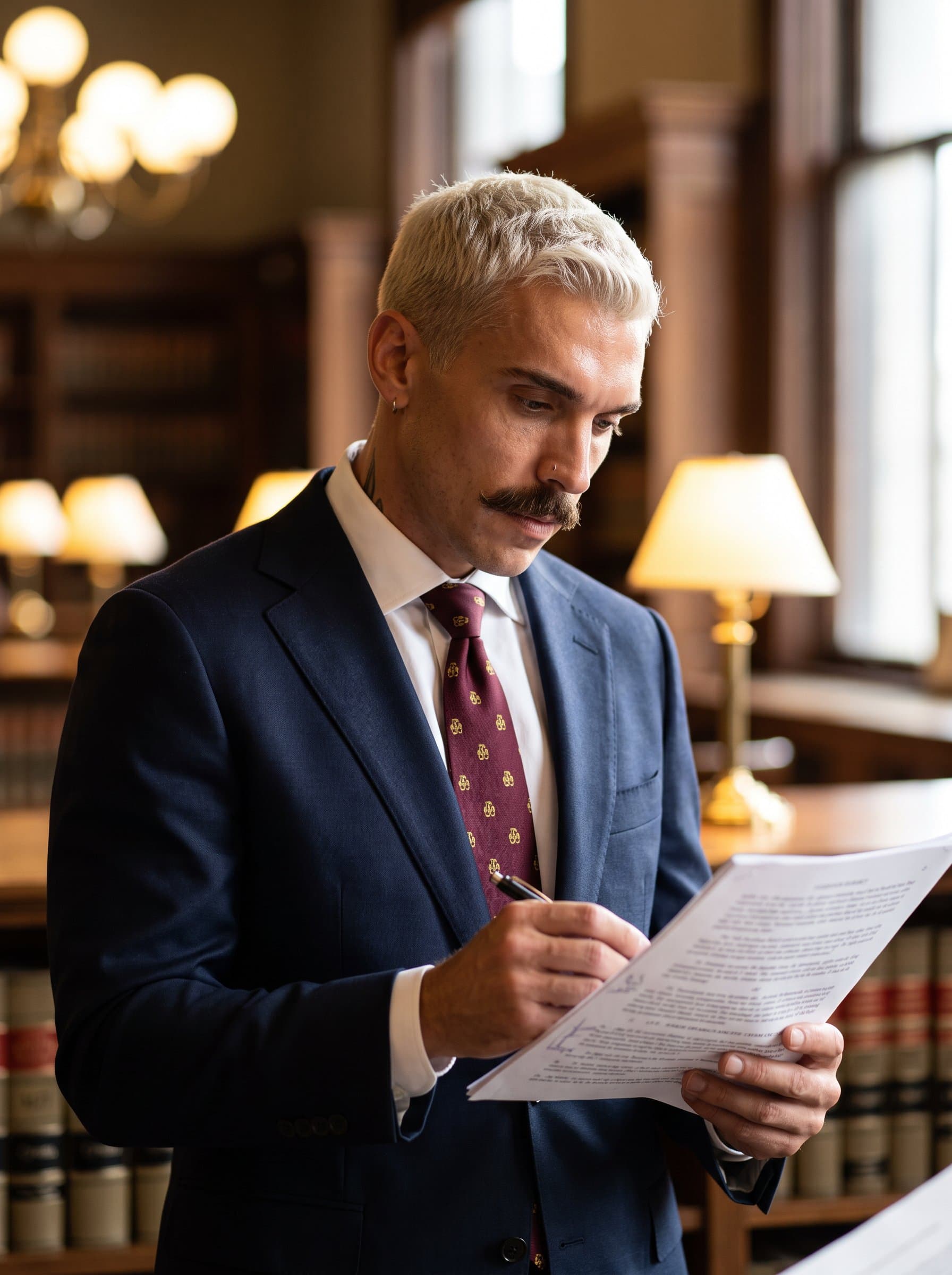 A of a legal professional reading a document, wearing a single-breasted suit, with subtle highlights in the background, emanating focus and intellectual depth.