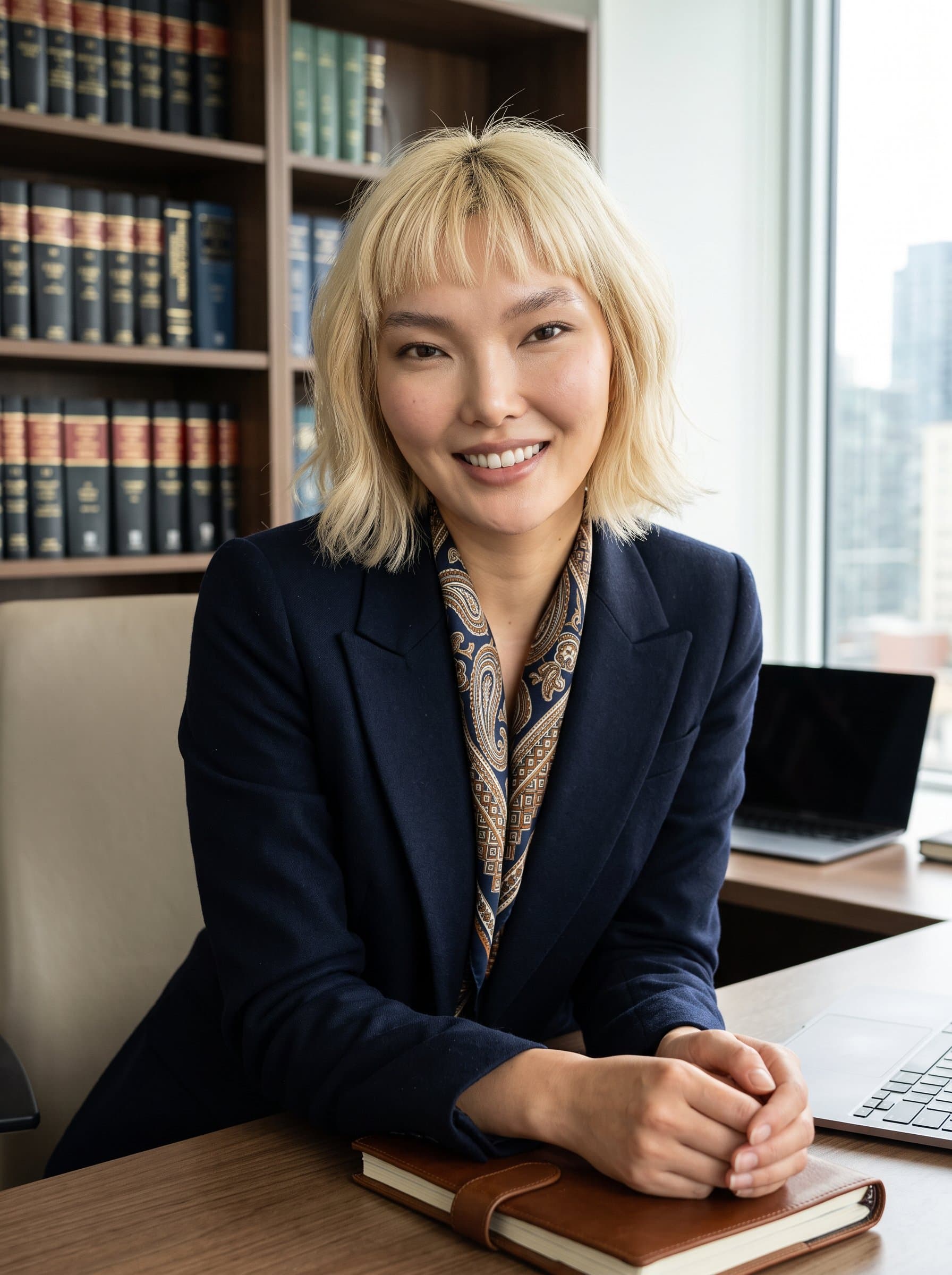 Capture a of a legal professional with a patterned scarf and tailored jacket, leaning slightly forward, looking directly at the camera with an inviting yet determined expression.