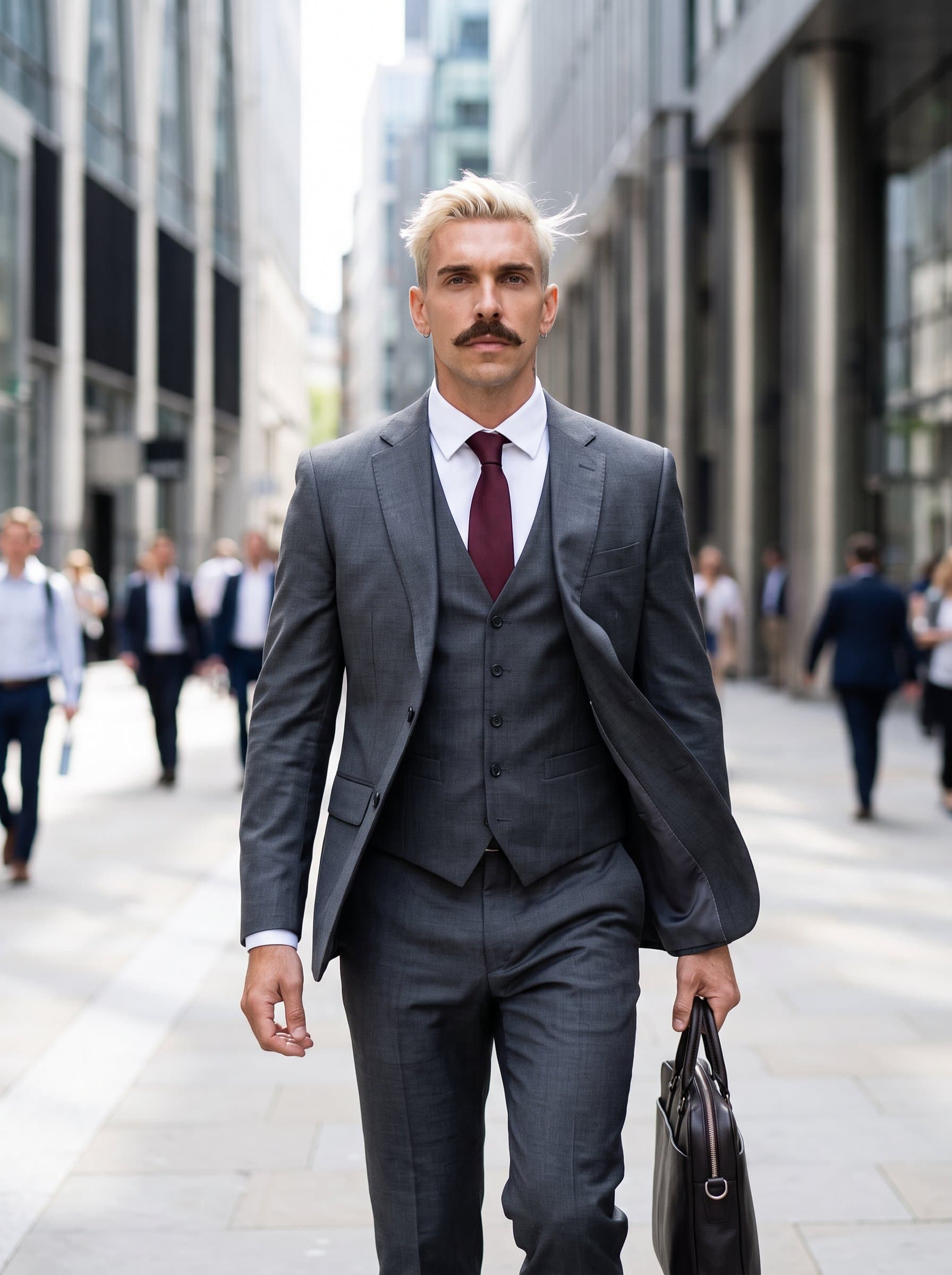 Capture a of a legal professional with a briefcase, wearing a sleek grey suit, walking with purpose and determination, with a light breeze subtly affecting their appearance.