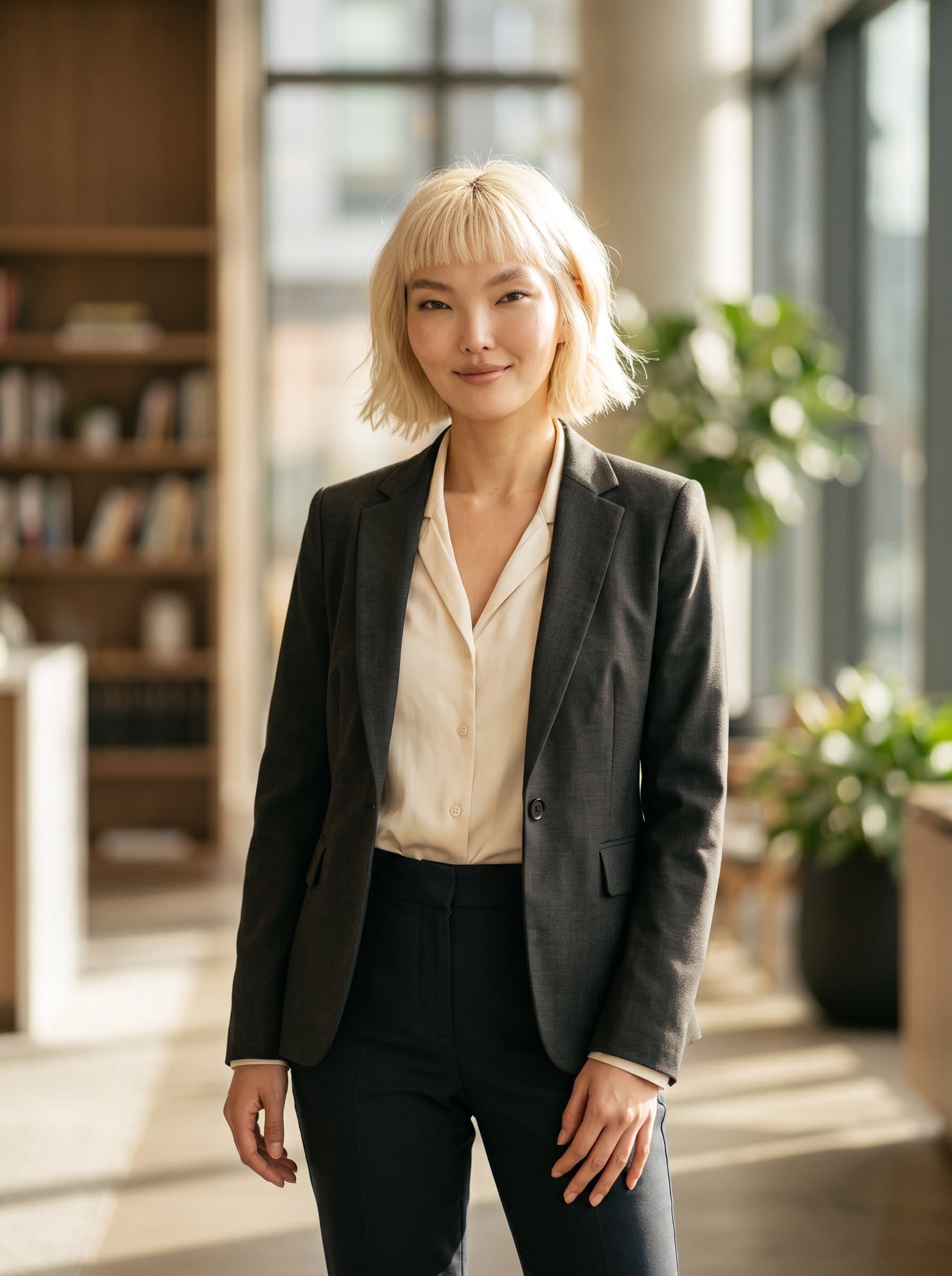 of a legal professional in a smart-casual ensemble, standing with a relaxed posture, yet exuding confidence, in front of a softly blurred background, under warm natural lighting.