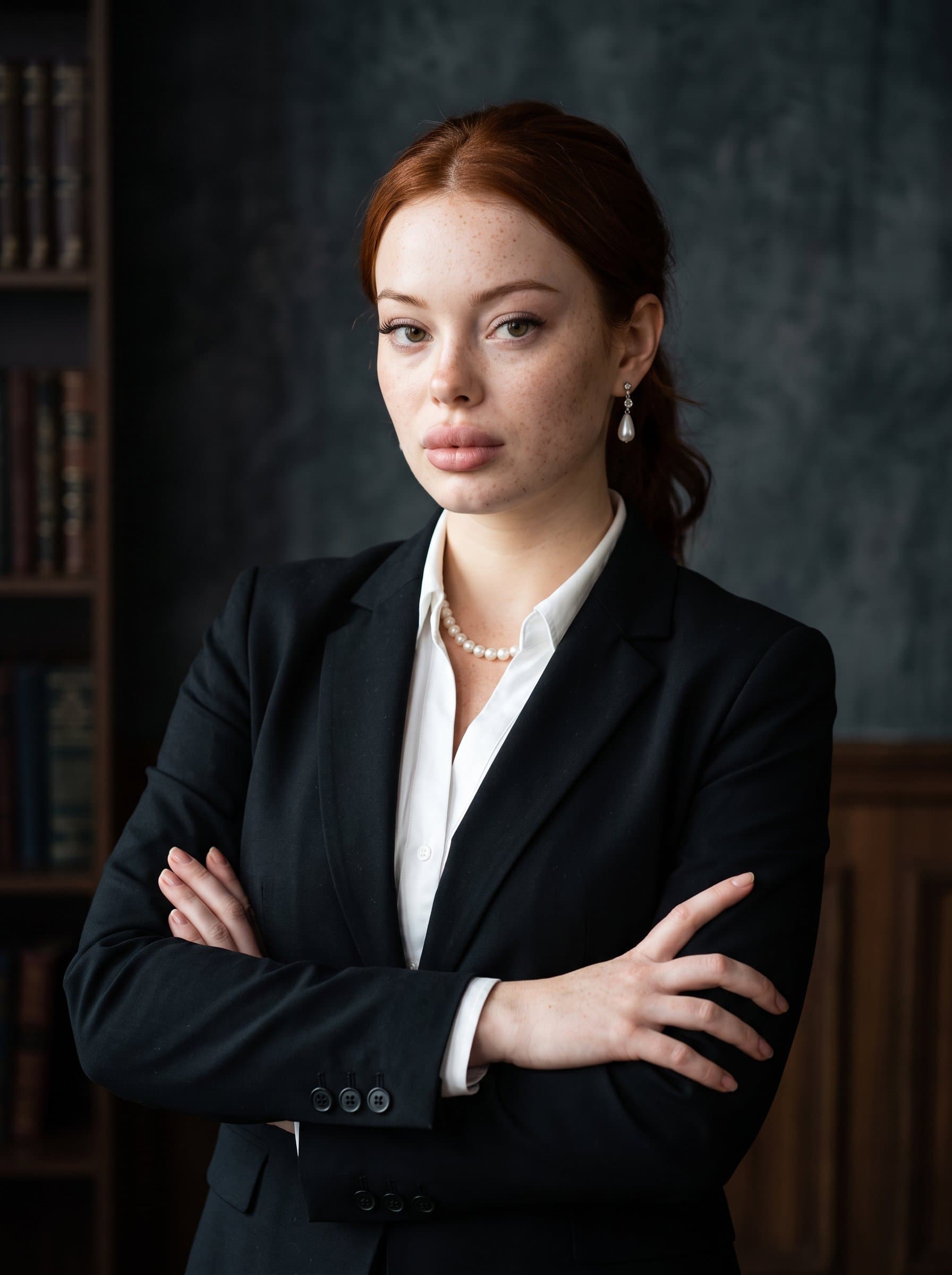 A of a legal professional in an elegant black suit, arms crossed, with an assertive look, against a textured dark background, highlighting their commanding presence.