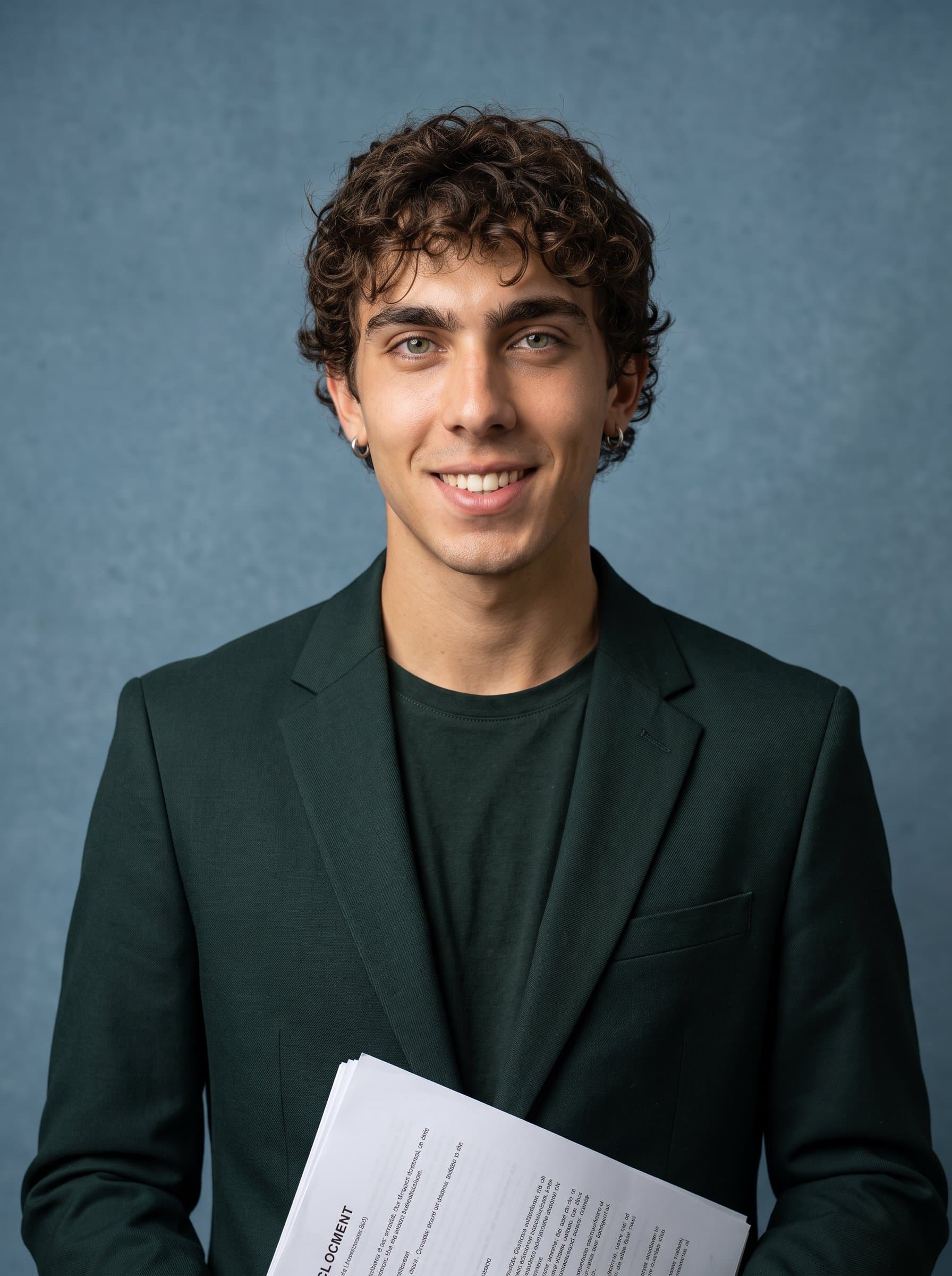 Photorealistic of a legal professional in a dark green formal dress and blazer, positioned in front of a muted blue background, with an assured smile and direct gaze.