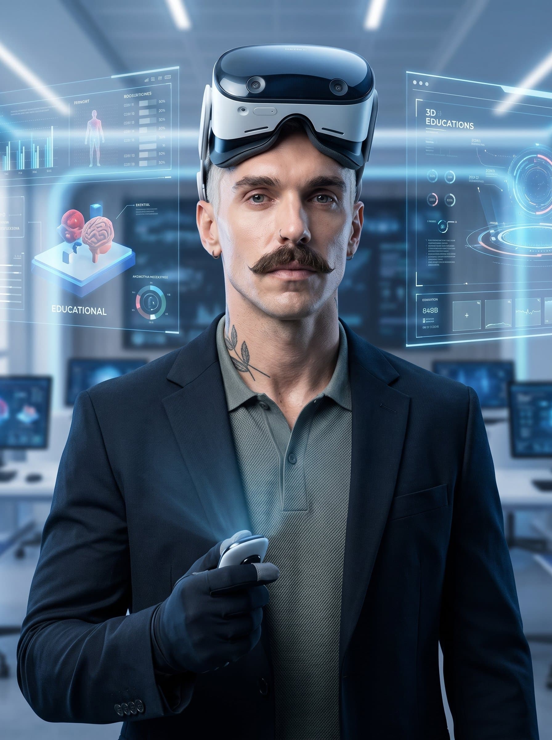 Create a headshot showcasing an educator in a virtual reality setup, illustrating an immersive educational experience, with a forward-thinking expression and innovative educational tools.