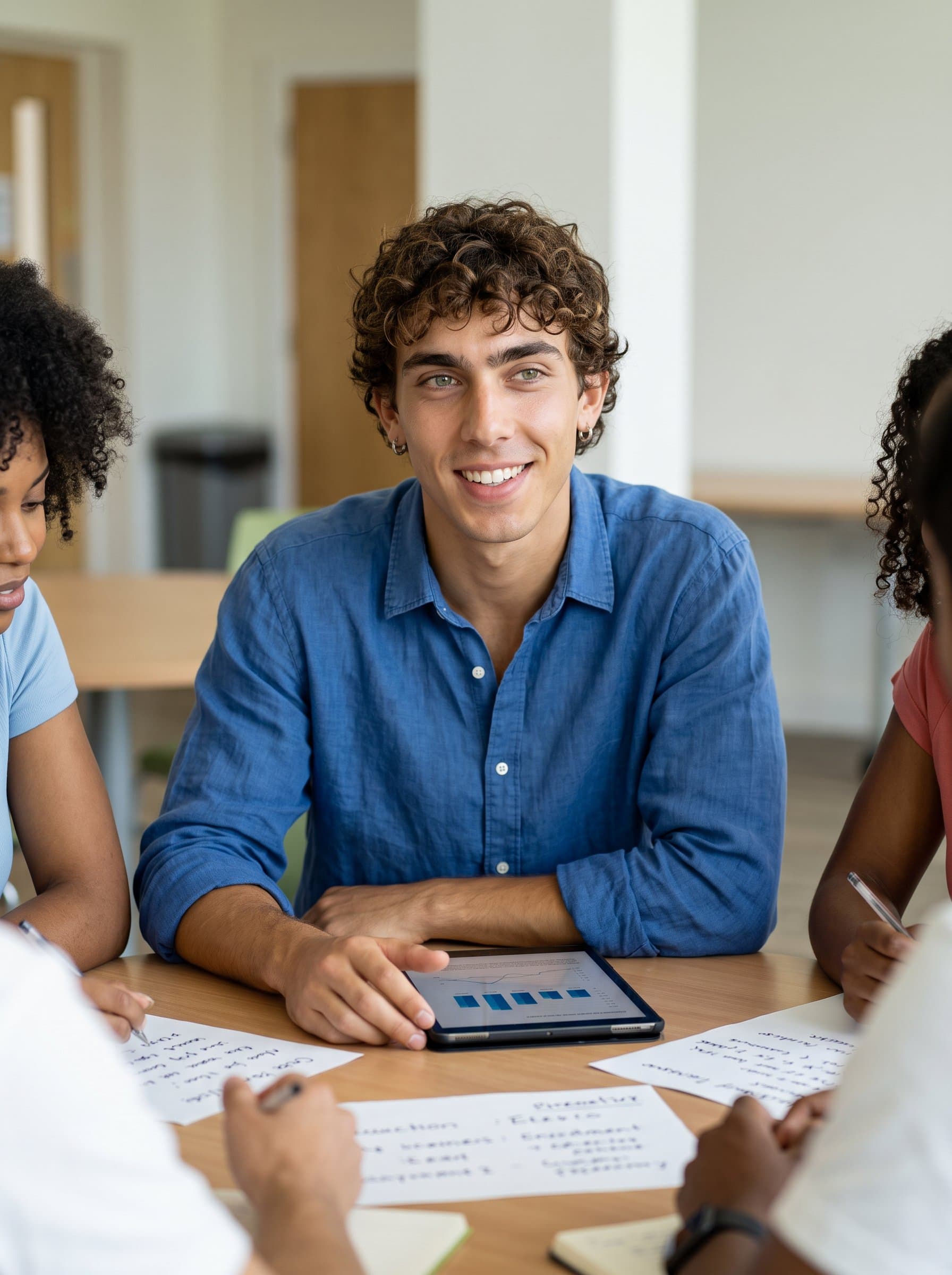 Create a headshot of an educator at a round table discussion, with collaborative tools like tablets and papers, highlighting their role as a facilitator of knowledge and community.