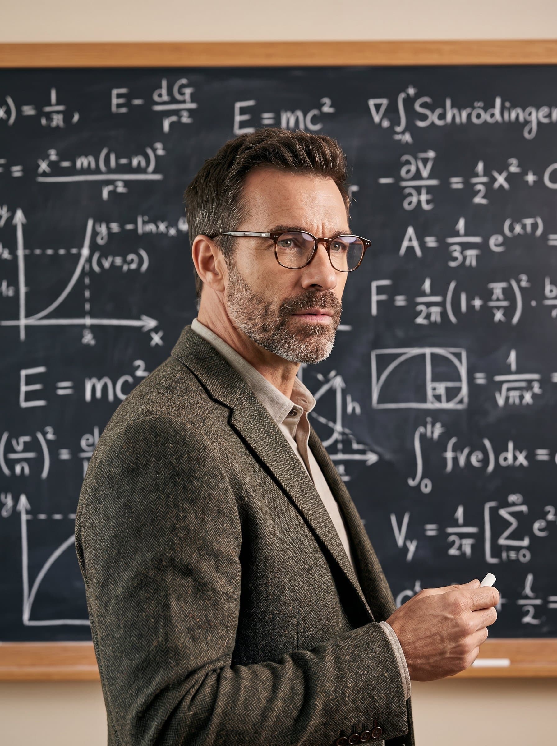 Design a headshot of an educator in front of a chalkboard filled with mathematical equations, showcasing a focused expression and an aura of intellectual curiosity.