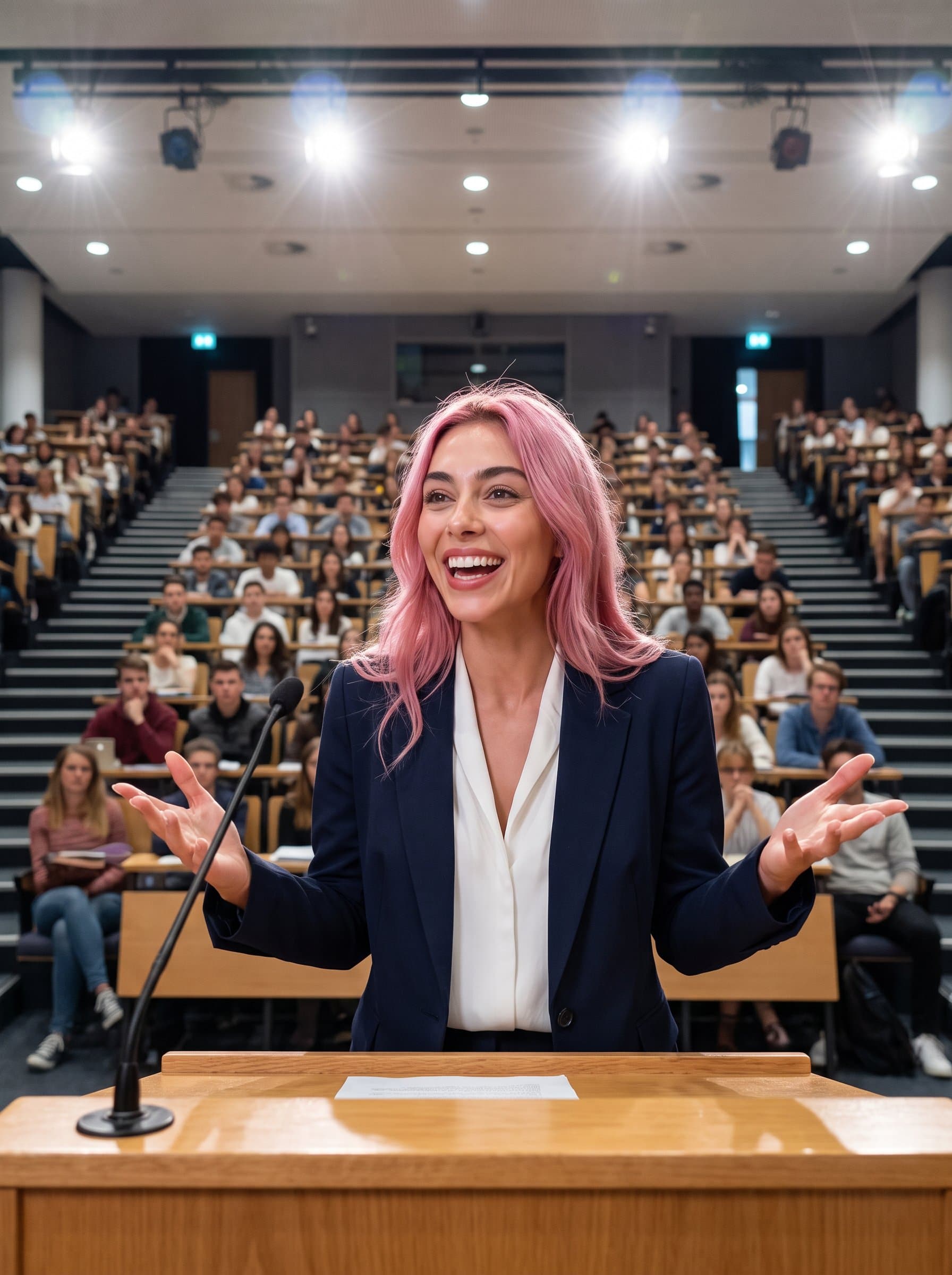 Photograph a headshot of an educator standing confidently at a podium in a large lecture hall, emphasizing the passion and energy in their expression as they engage with an audience.