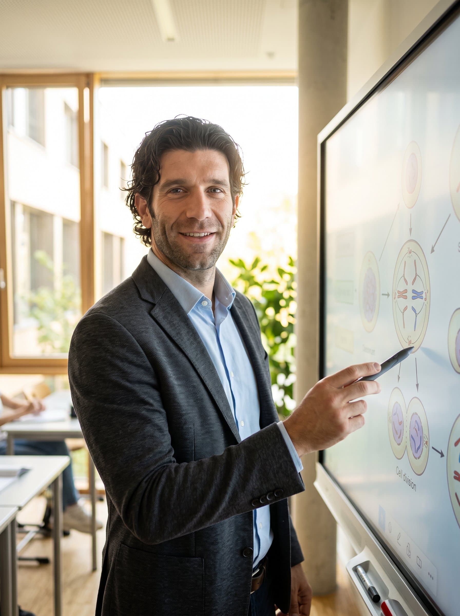 Design a headshot featuring an educator in a modern classroom, using a smartboard to illustrate a complex diagram. The natural light from large windows adds a serene and inviting atmosphere.
