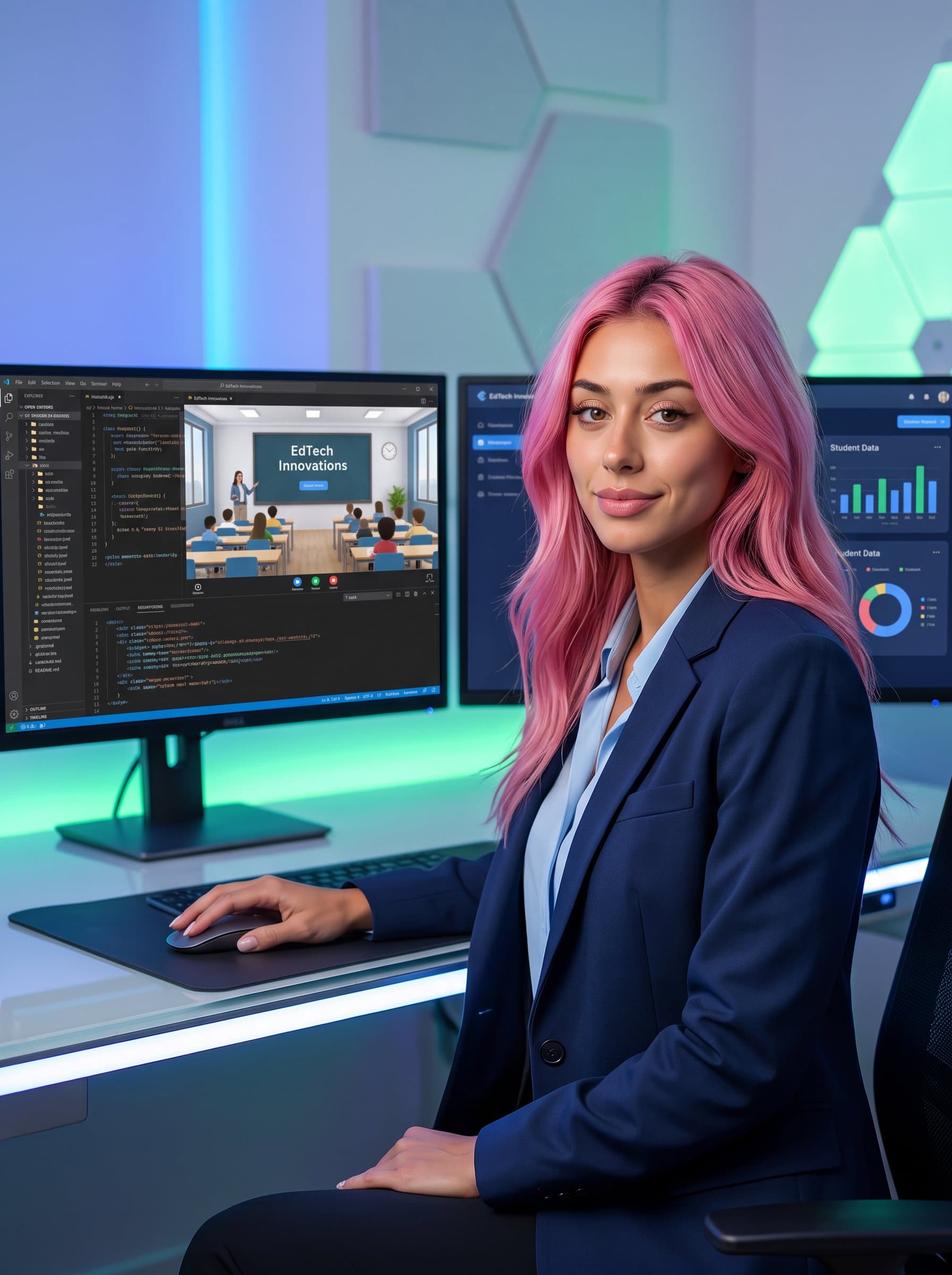 Capture a headshot showing an educator sitting at a sleek desk in a digital environment, with dual monitors displaying innovative educational software and a subtle smile conveying expertise in technology.