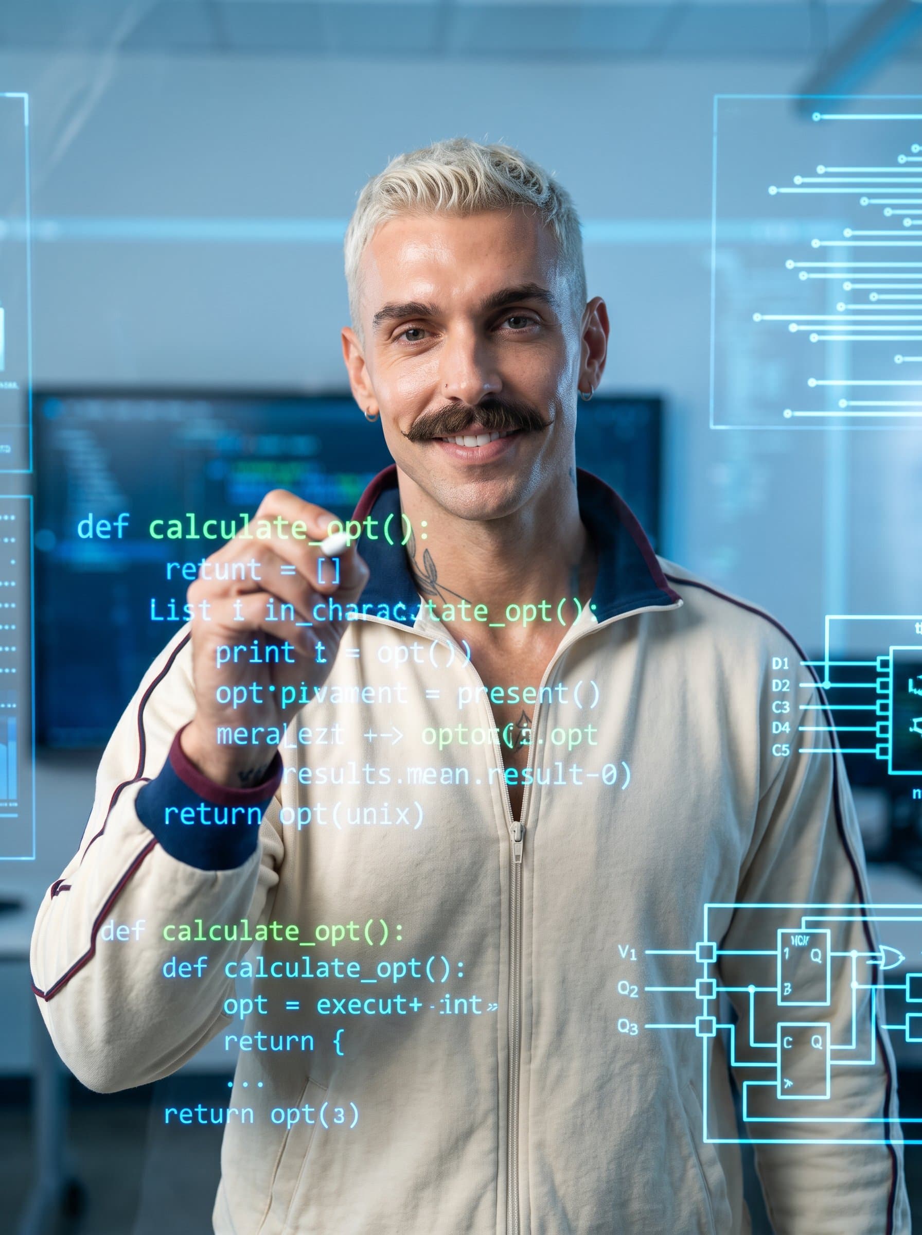 Design a headshot of an educator at a digital chalkboard, writing code, symbolizing the intersection of education and engineering, with a futuristic yet approachable aura.