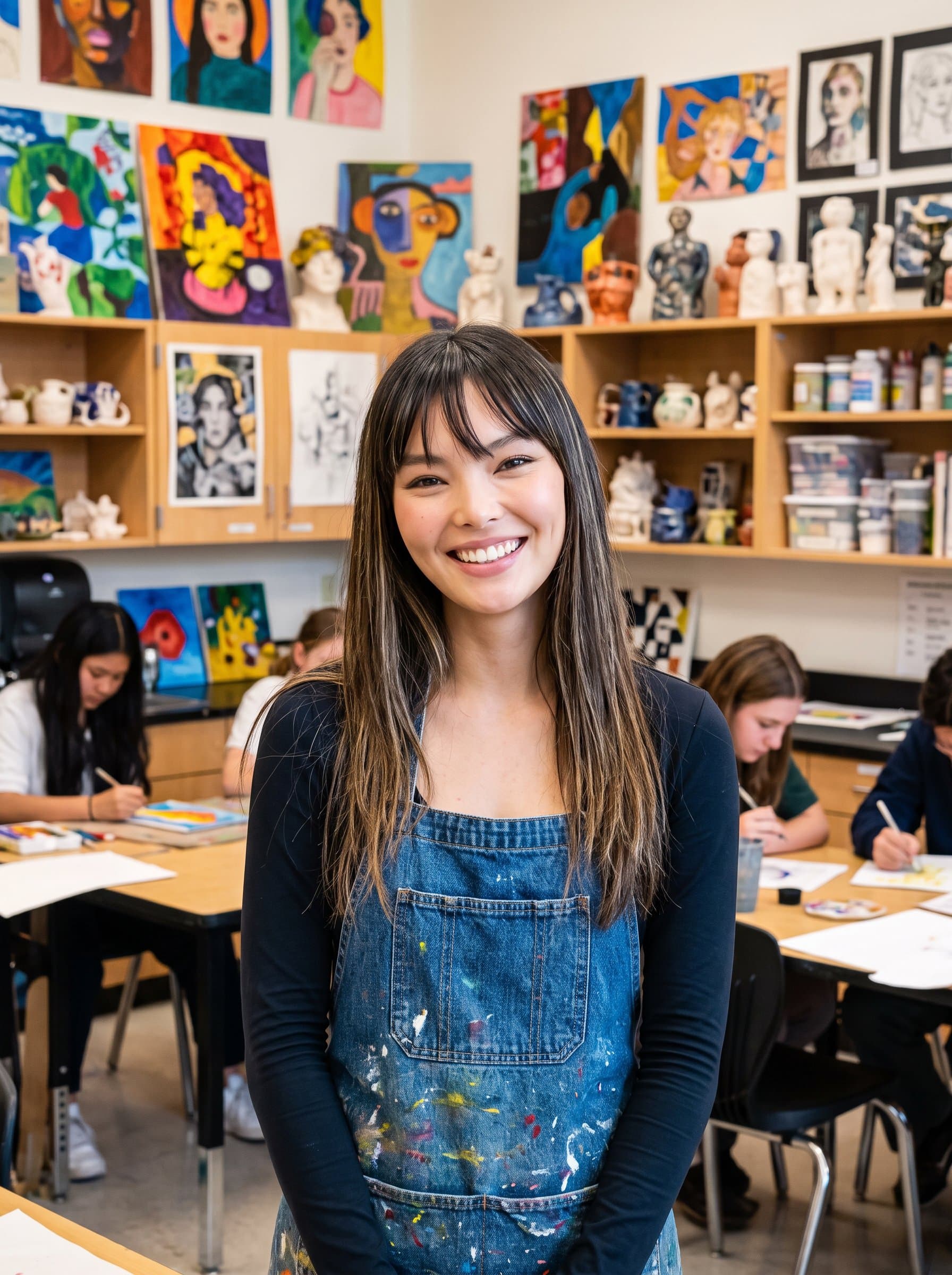 Capture a headshot of an educator in a bustling art classroom, surrounded by student artworks, showcasing a creative and imaginative atmosphere with vibrant colors.