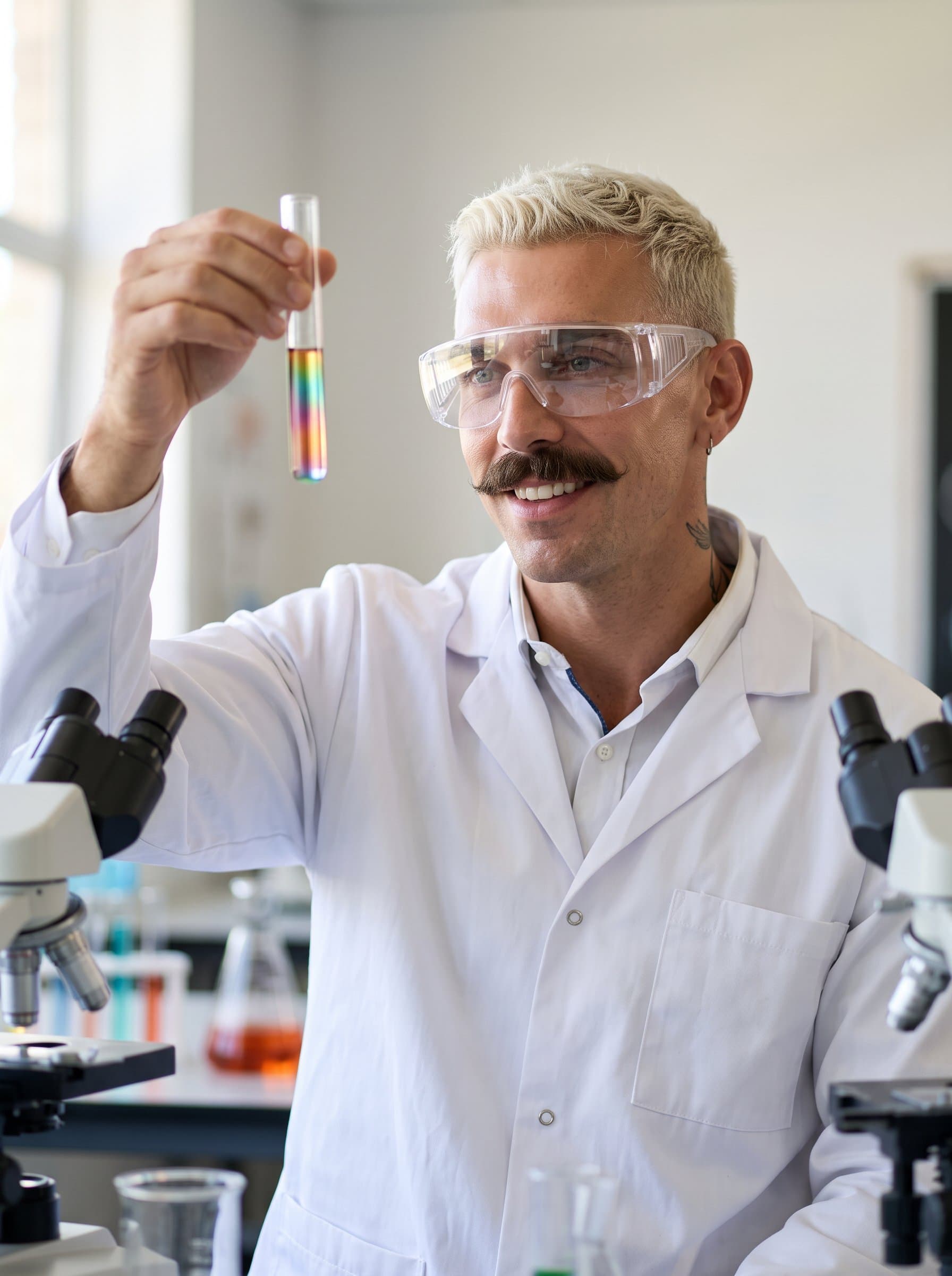 Create a headshot of an educator in a science lab, holding a test tube and wearing protective eyewear, with a curious and confident expression, highlighting STEM education.