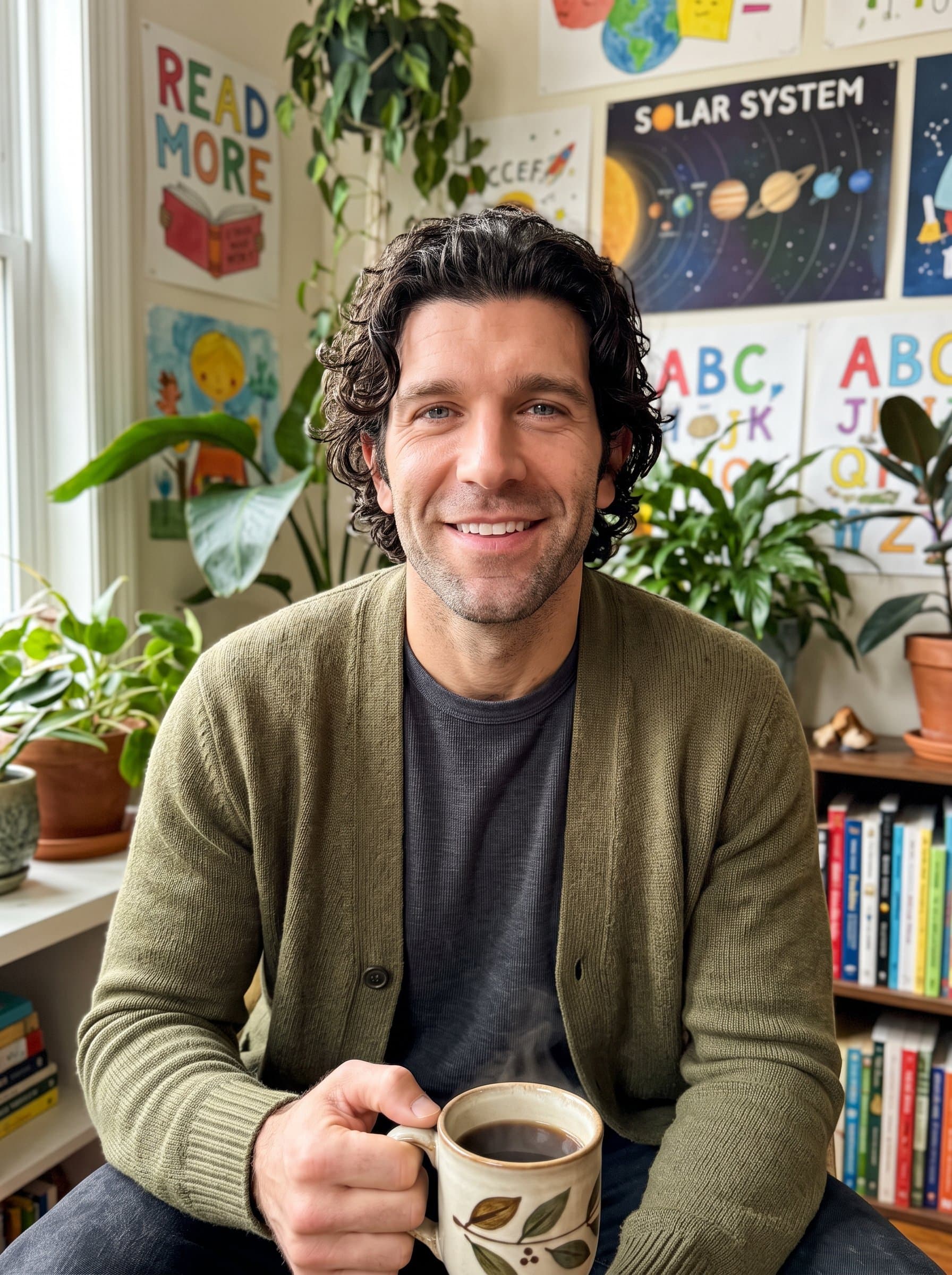 Create a headshot of an educator in a cozy reading nook, surrounded by plants and colorful educational posters, exuding approachability and warmth while casually holding a cup of coffee.