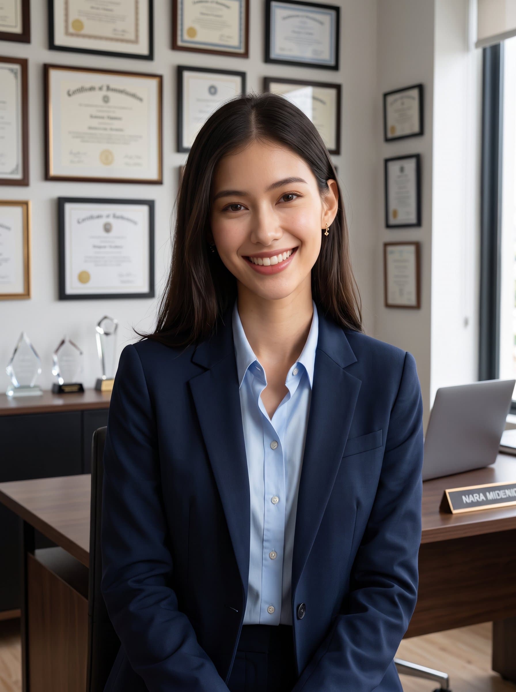 Photograph a headshot of an educator seated in a stylish office, framed by certificates and awards, wearing a warm smile that radiates encouragement and mentorship.