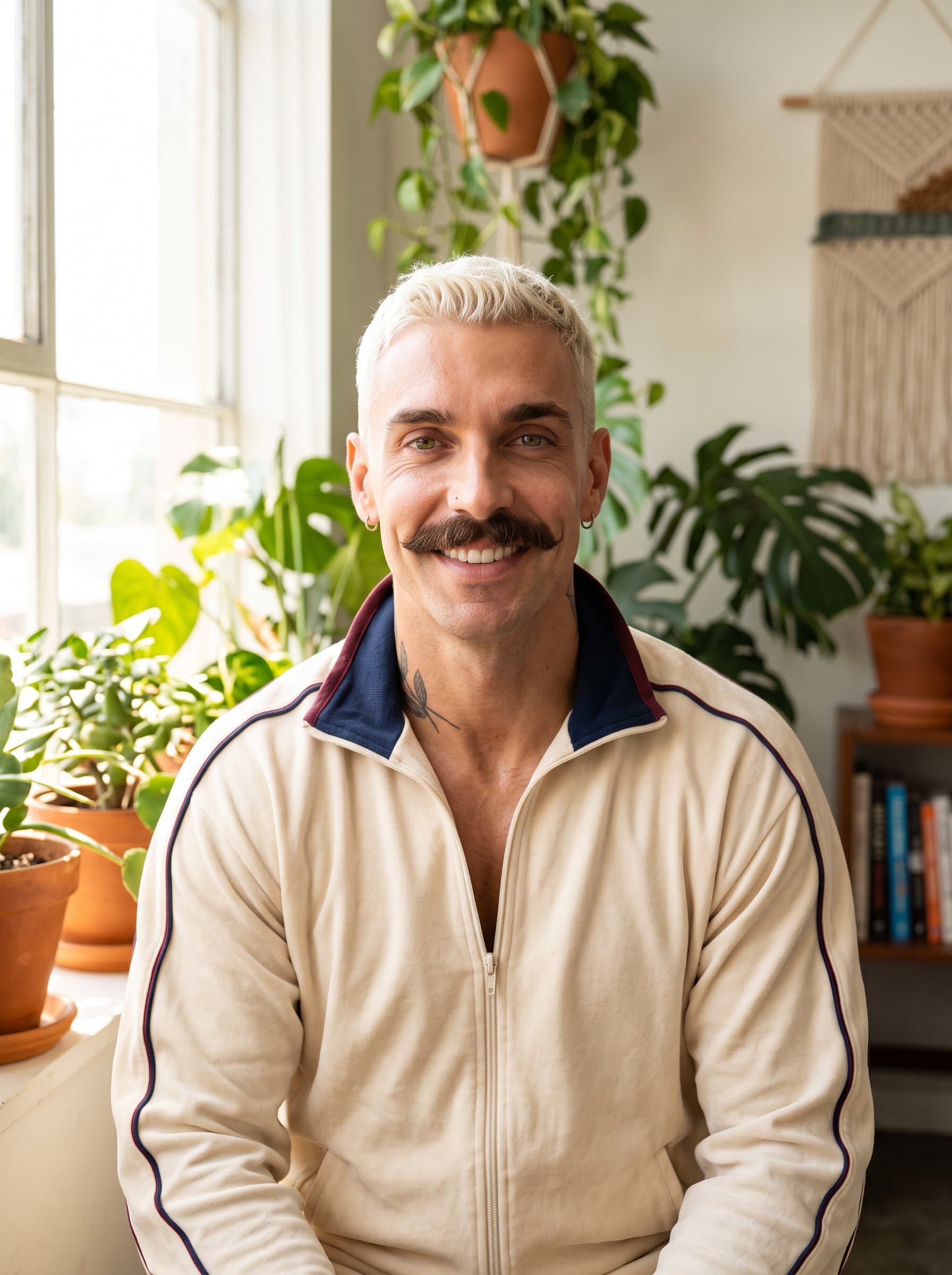 Design a headshot of an educator by a window filled with natural light, surrounded by plants, reflecting a nurturing environment with an expression of calm wisdom.