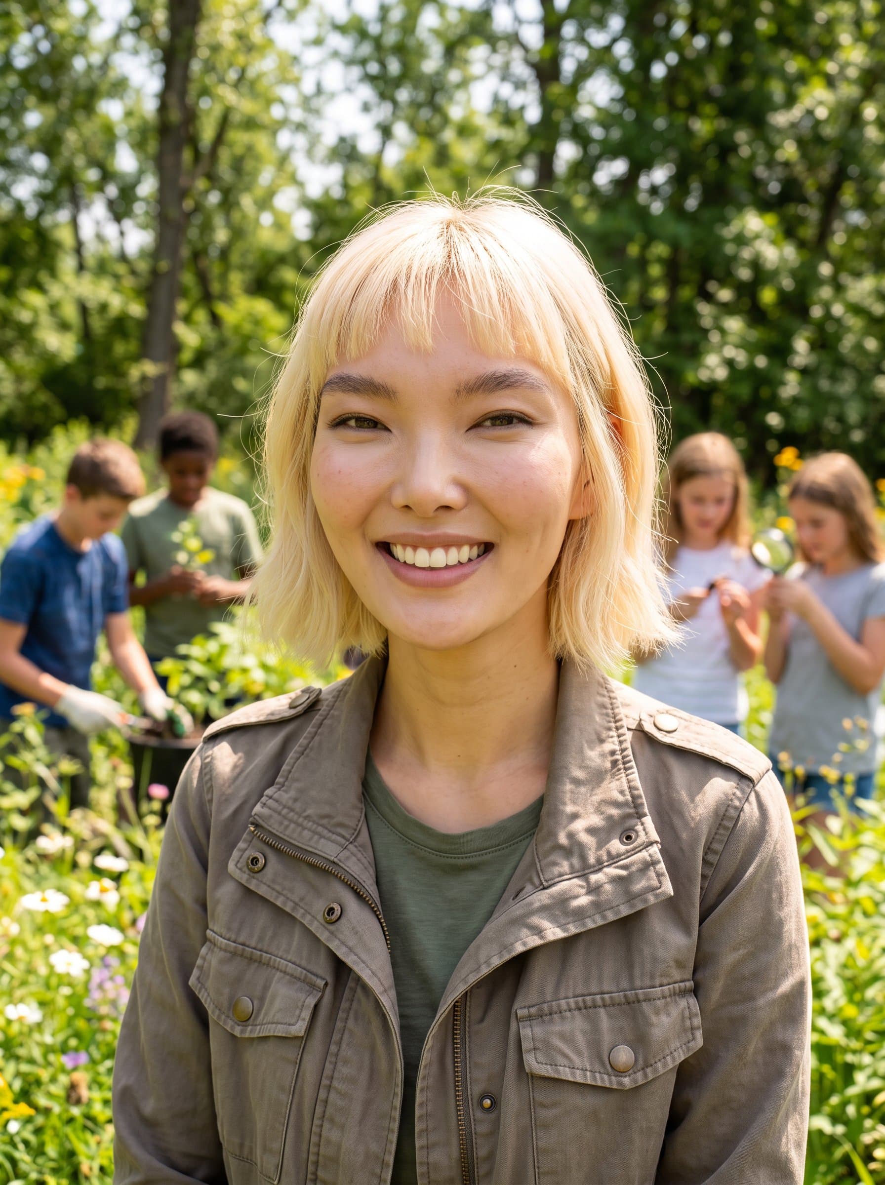 Photograph a headshot of an educator in a sunny outdoor classroom, surrounded by nature and students, with a joyful and inspiring demeanor, embodying the spirit of experiential learning.