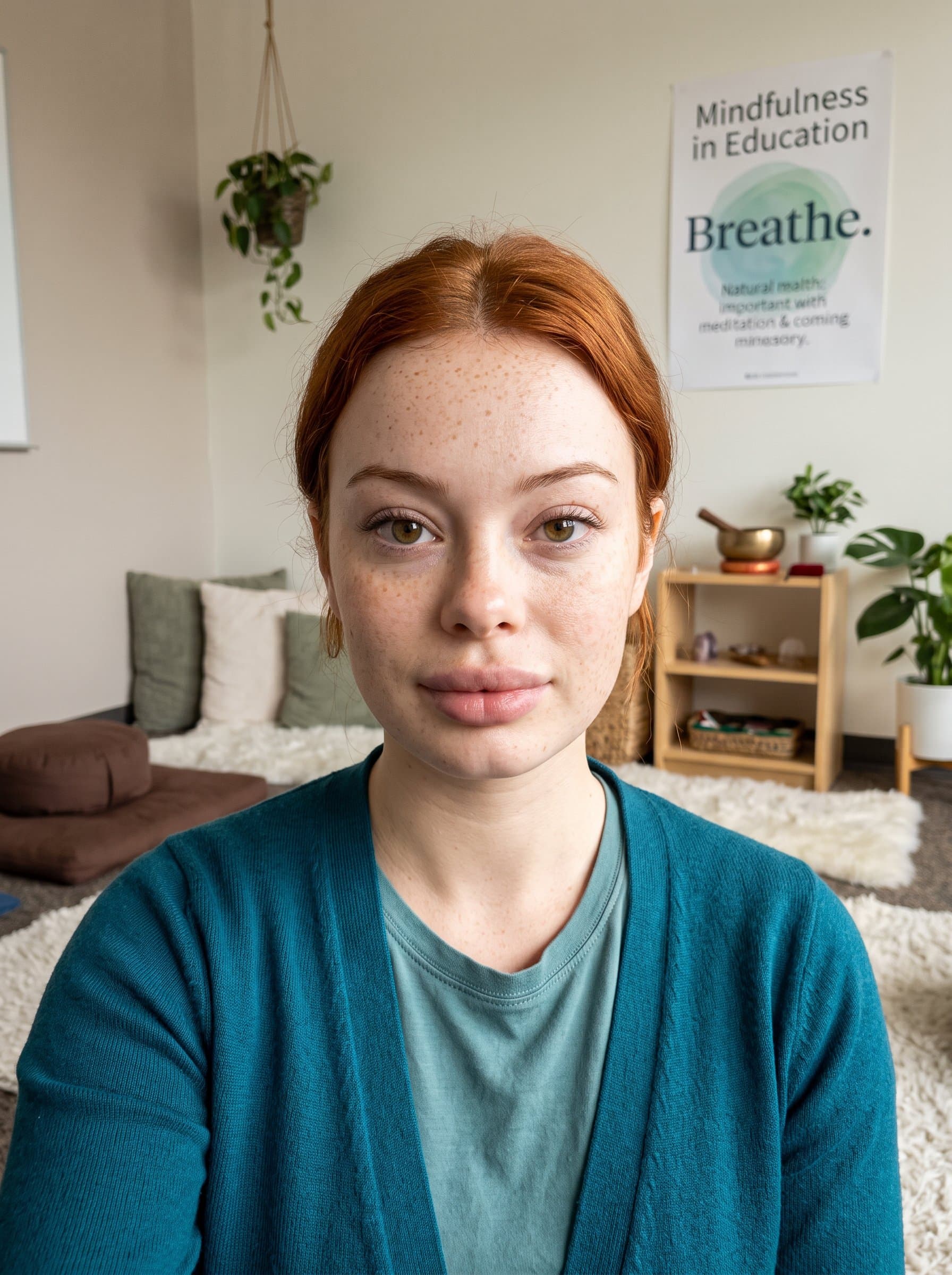 Capture a headshot of an educator in a serene meditation corner of a classroom, emphasizing mindfulness in education, with a calm and centered expression.