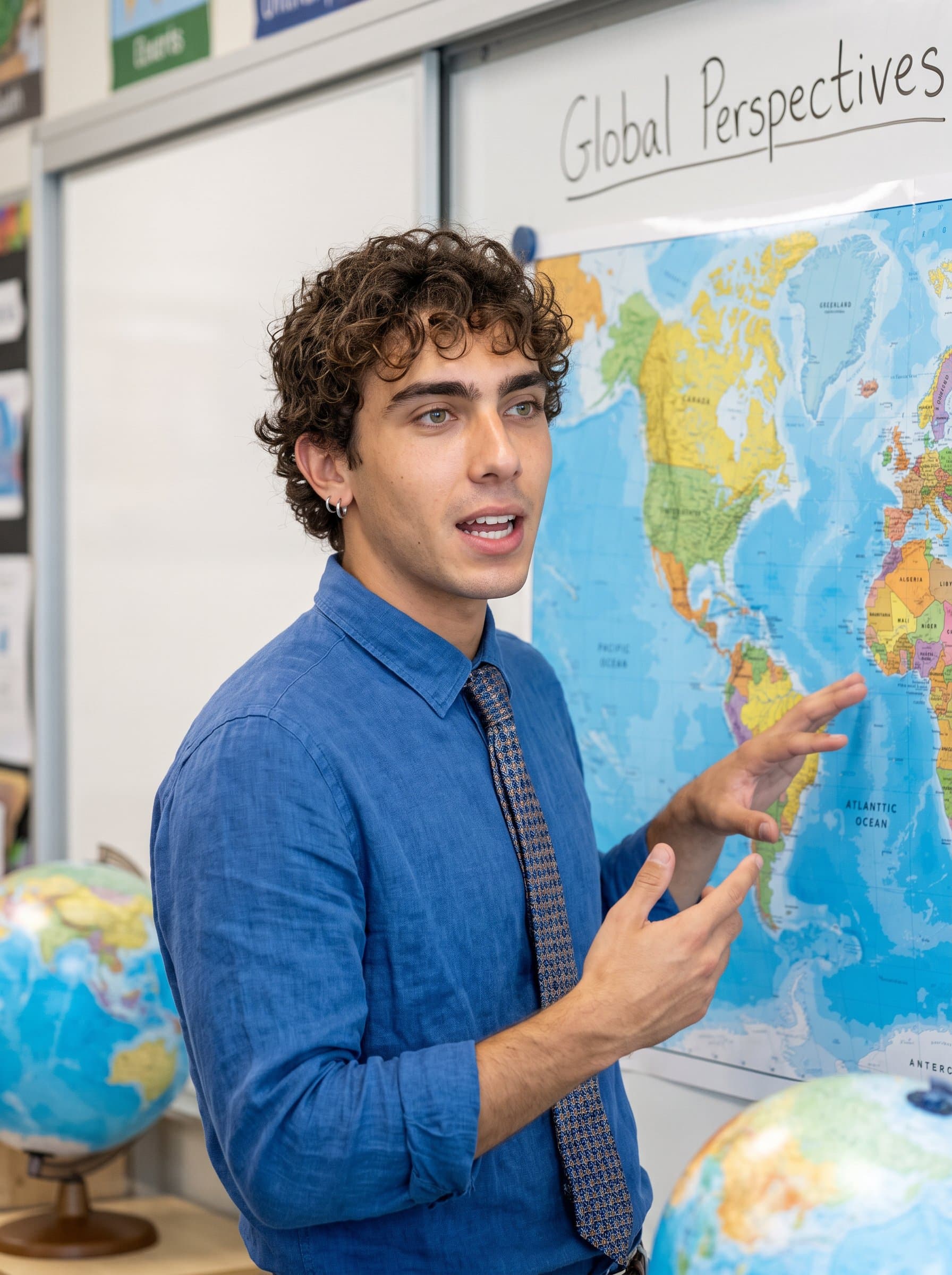 Design a headshot showing an educator in front of a world map, gesturing passionately as if explaining global concepts, reflecting a commitment to diversity and international education.