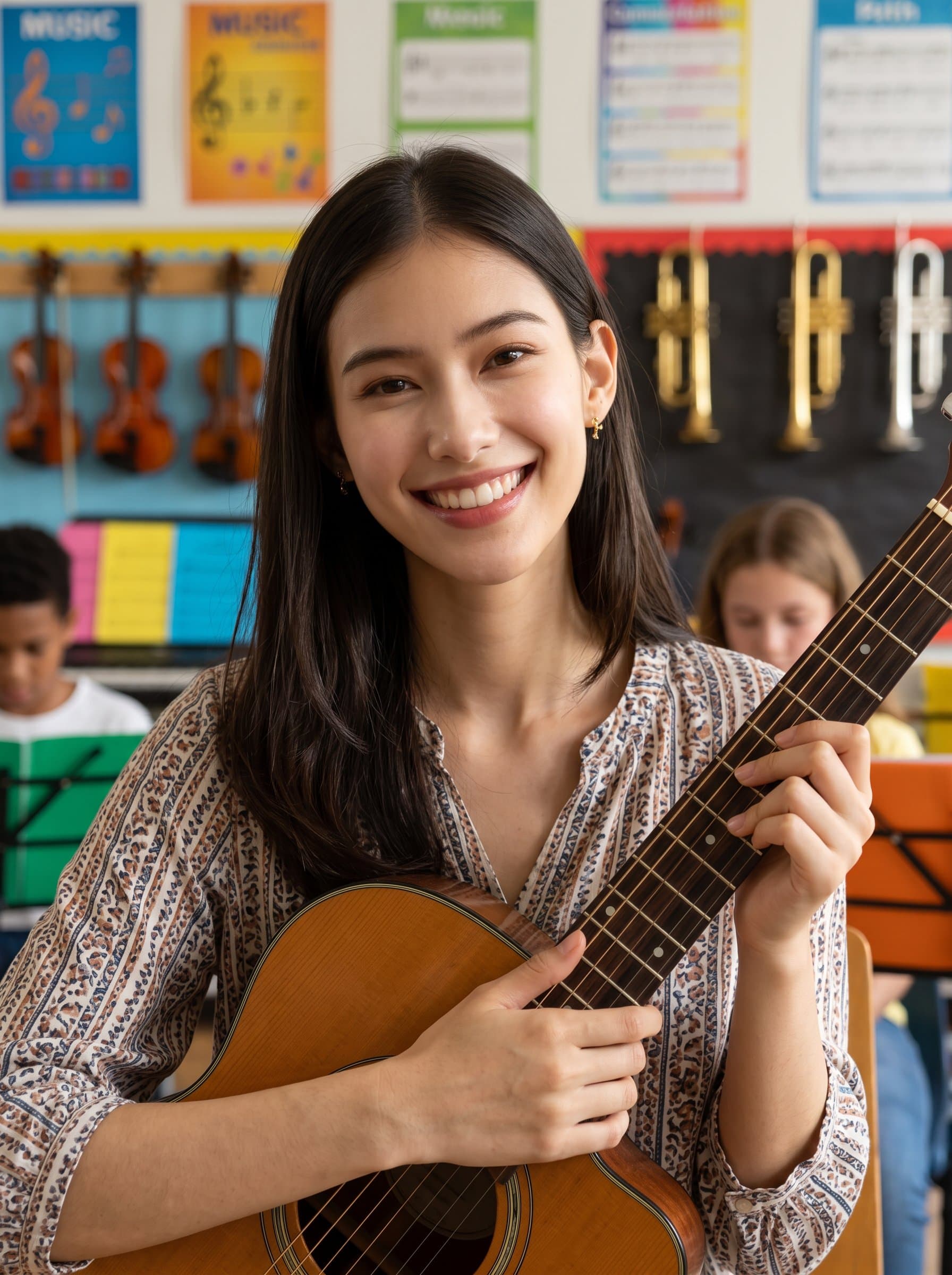 Photograph a headshot of an educator in a vibrant music room, holding a guitar and smiling warmly, capturing the essence of performing arts education and its inspiring influence.