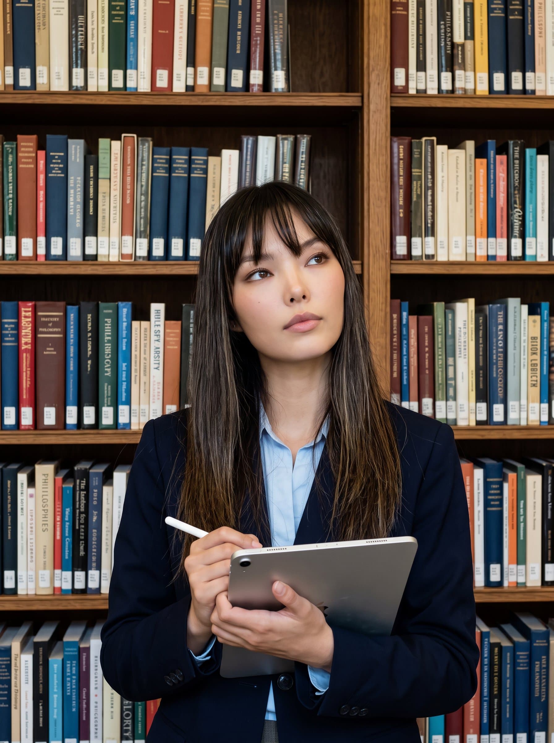 Capture a headshot of an educator in a classic academic setting, surrounded by bookshelves filled with diverse literature, highlighting a thoughtful expression while holding a tablet and pen. Photorealistic.