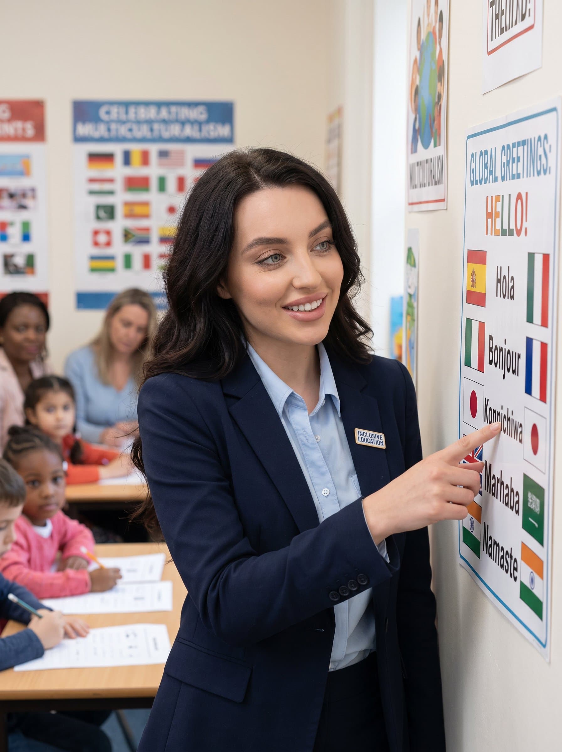 Photograph a headshot of an educator in a diverse language classroom, pointing to a multilingual chart, highlighting a dedication to inclusive and multicultural education.
