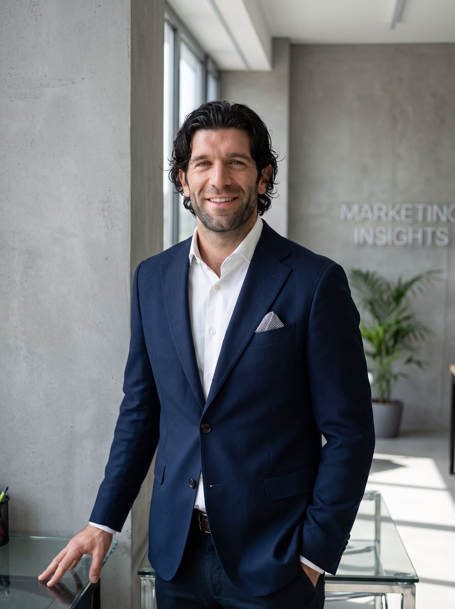 Create a with a focus on a marketing expert against a minimalist background. Showcase their polished appearance with a tailored blazer, ensuring the shot conveys a sense of modernity and professionalism suitable for social media.