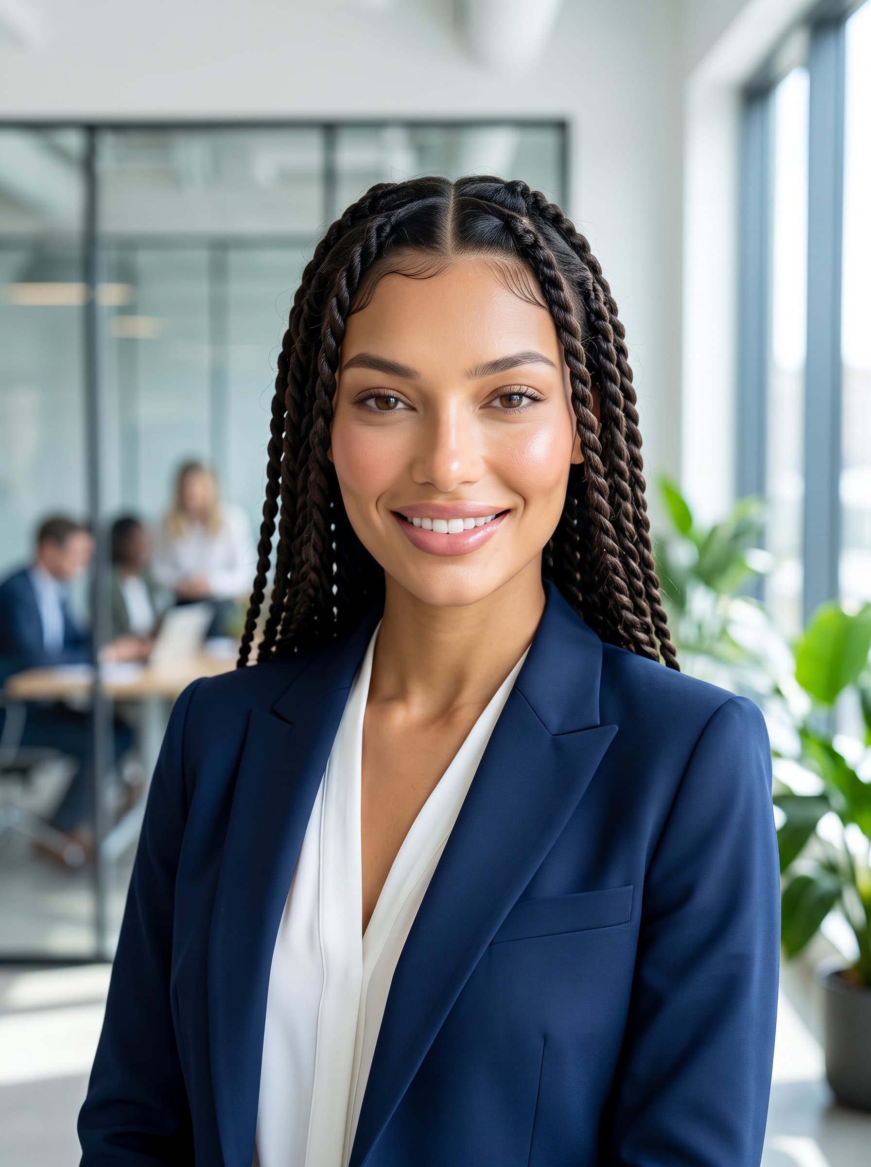Capture a of a marketing professional in a modern office setting, emphasizing a sleek, professional look with natural lighting, perfect for LinkedIn. Highlight approachable confidence with a subtle, warm smile and direct eye contact.