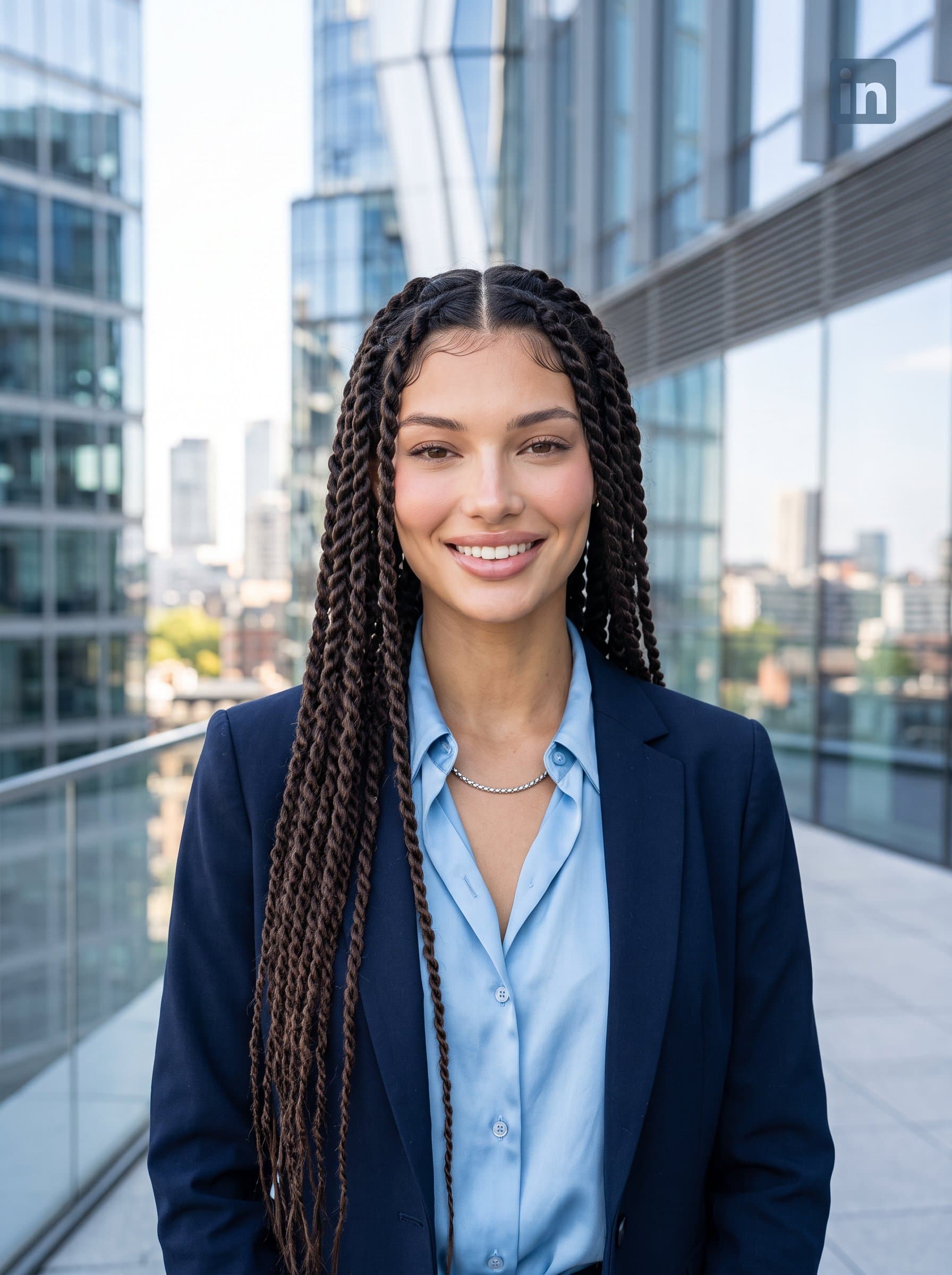 Design a of a marketing professional outdoors, utilizing natural light for a vibrant yet professional headshot. Incorporate elements of urban architecture to enhance the contemporary and approachable vibe, ideal for LinkedIn.