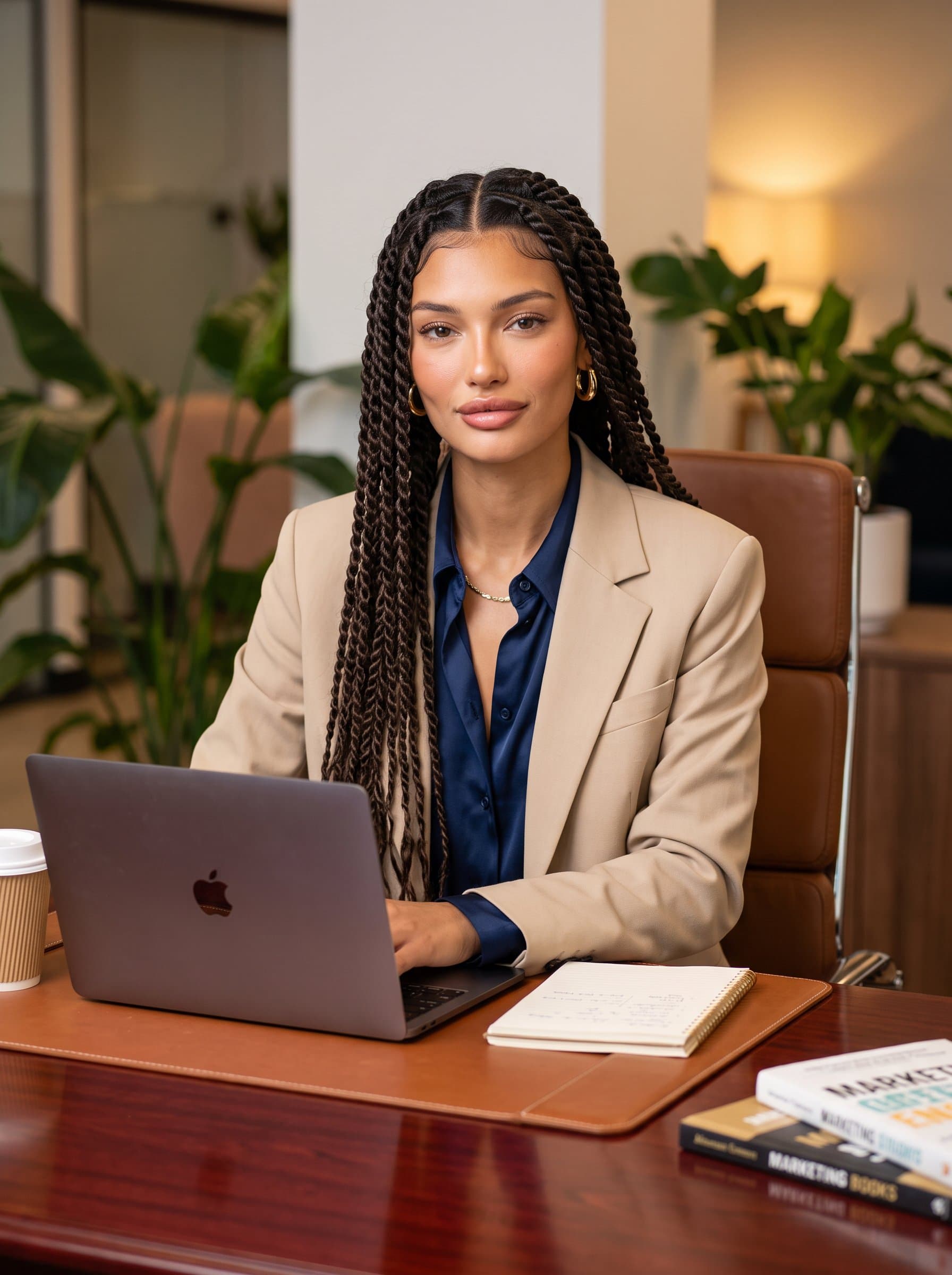 Generate a of a marketing expert seated at a polished wooden desk. Capture their focused expression and stylish attire, ensuring a sophisticated yet approachable look fitting for social media profiles.