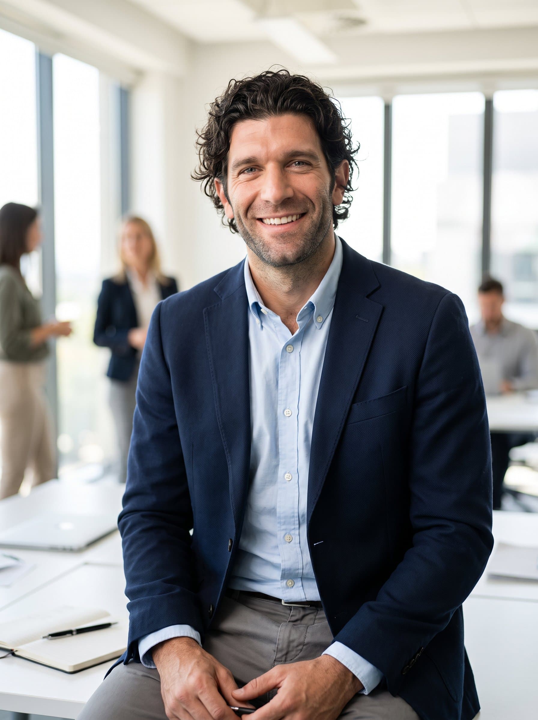 Generate a featuring a marketing expert in a casual yet professional ensemble. Use soft, diffused lighting to create a welcoming atmosphere, emphasizing a balance between approachability and expertise for professional networking profiles.
