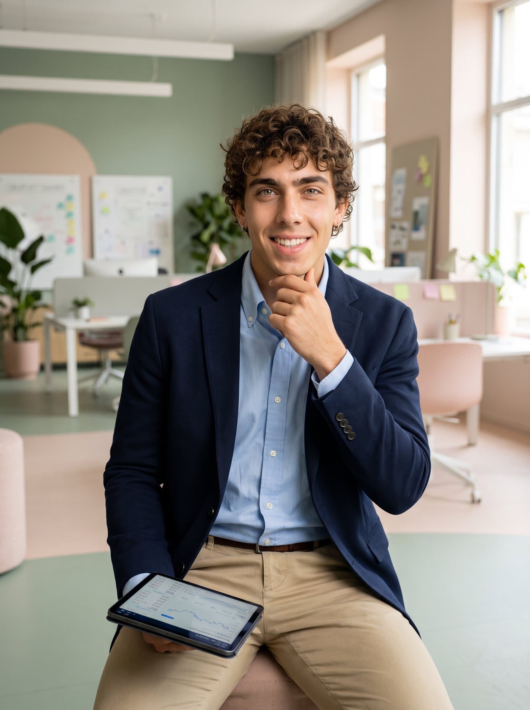 Create a set in an artfully designed office space. Capture the marketing professional's dynamic and innovative aura, utilizing soft color tones to enhance their friendly yet authoritative presence on professional platforms.
