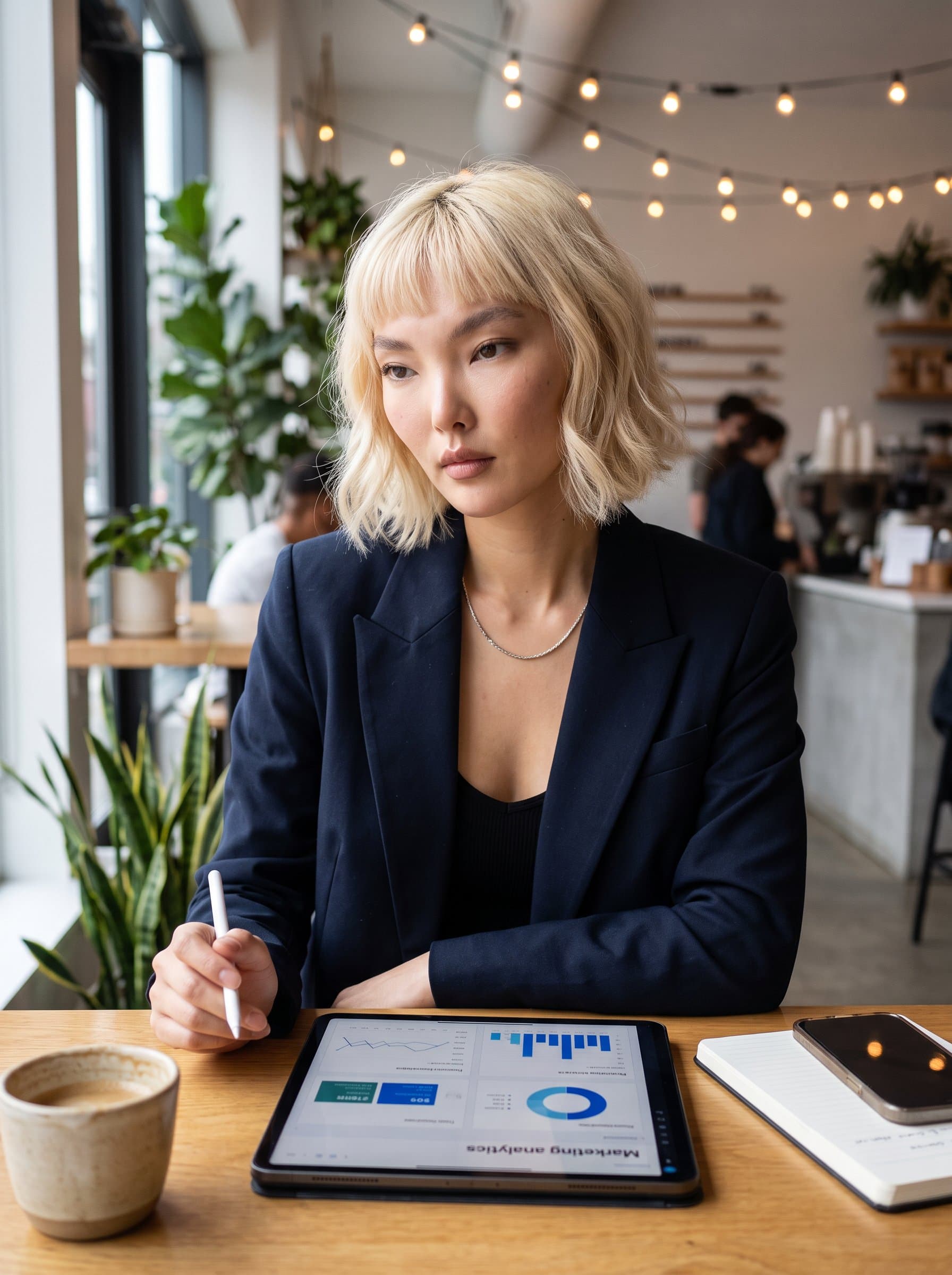Illustrate a of a marketing professional in a modern cafe setting. Use the ambient light to highlight their thoughtful expression and contemporary style, perfect for an engaging and professional LinkedIn image.