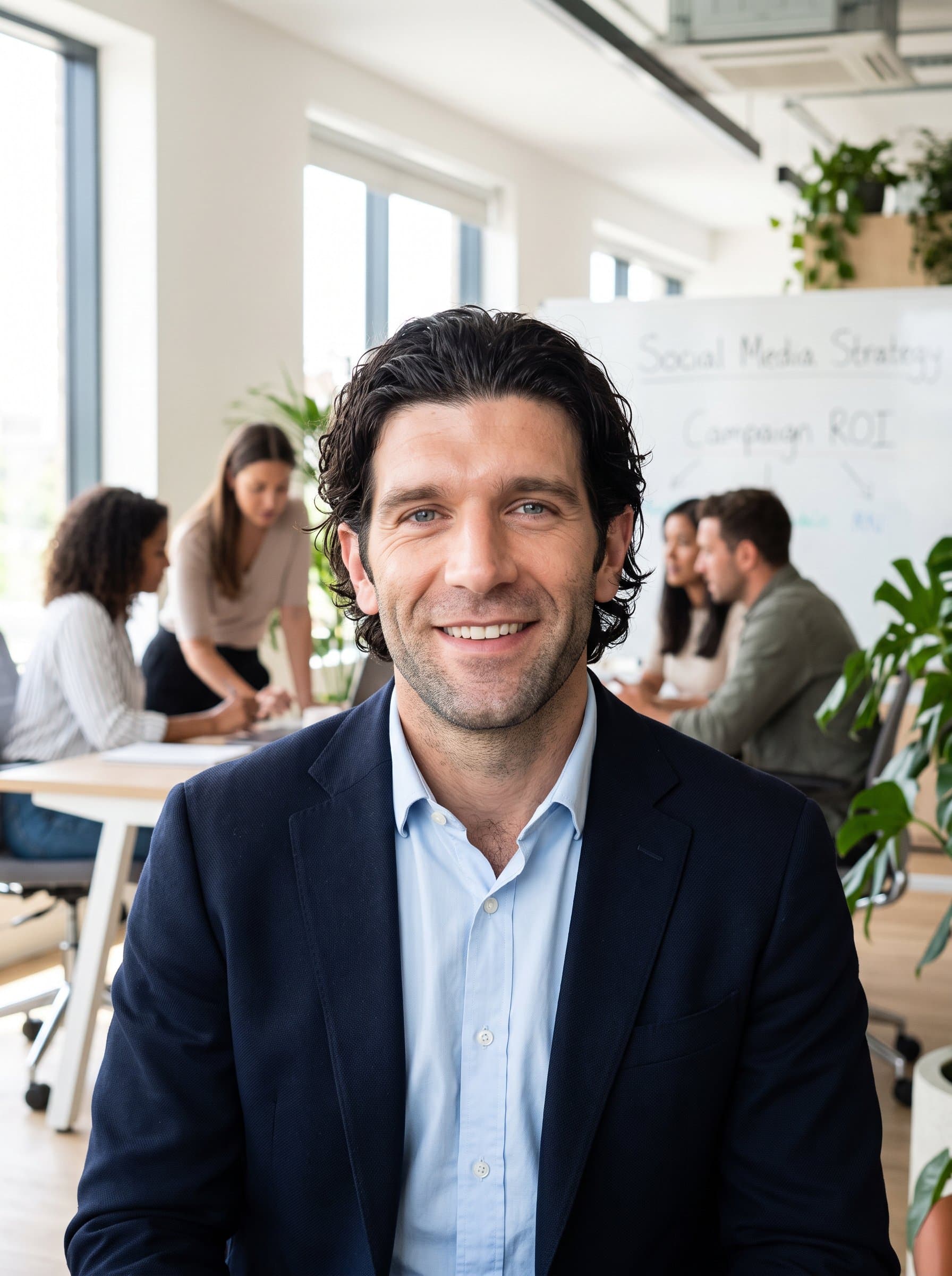 Develop a of a marketing expert in a bright, open office environment. Emphasize a genuine smile and direct gaze, capturing the blend of professionalism and warmth necessary for a social media headshot.