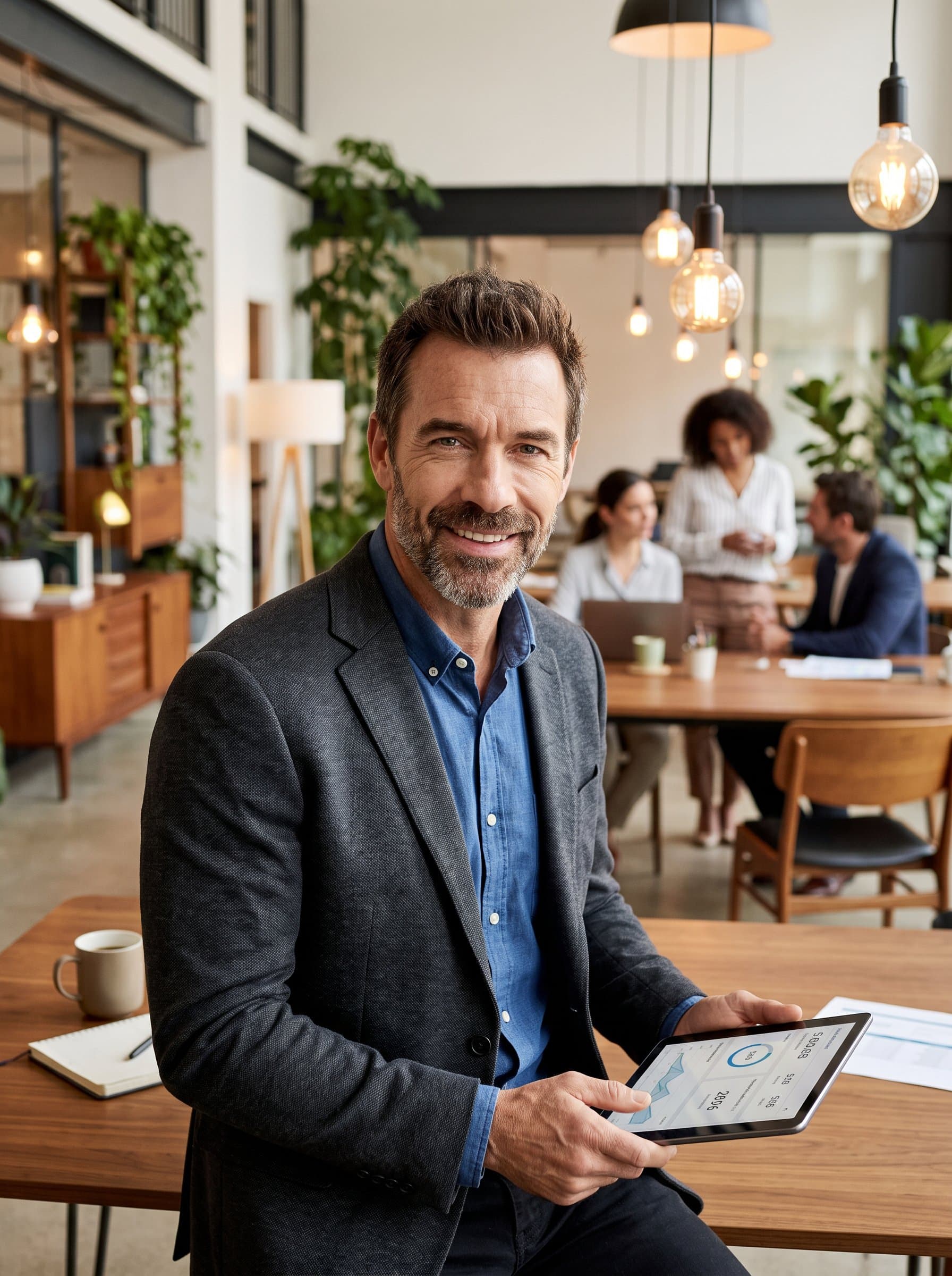 Produce a with a marketing professional at a coworking space, surrounded by modern decor. Use warm lighting to accentuate their engaging expression, creating a friendly yet competent look for social media platforms.